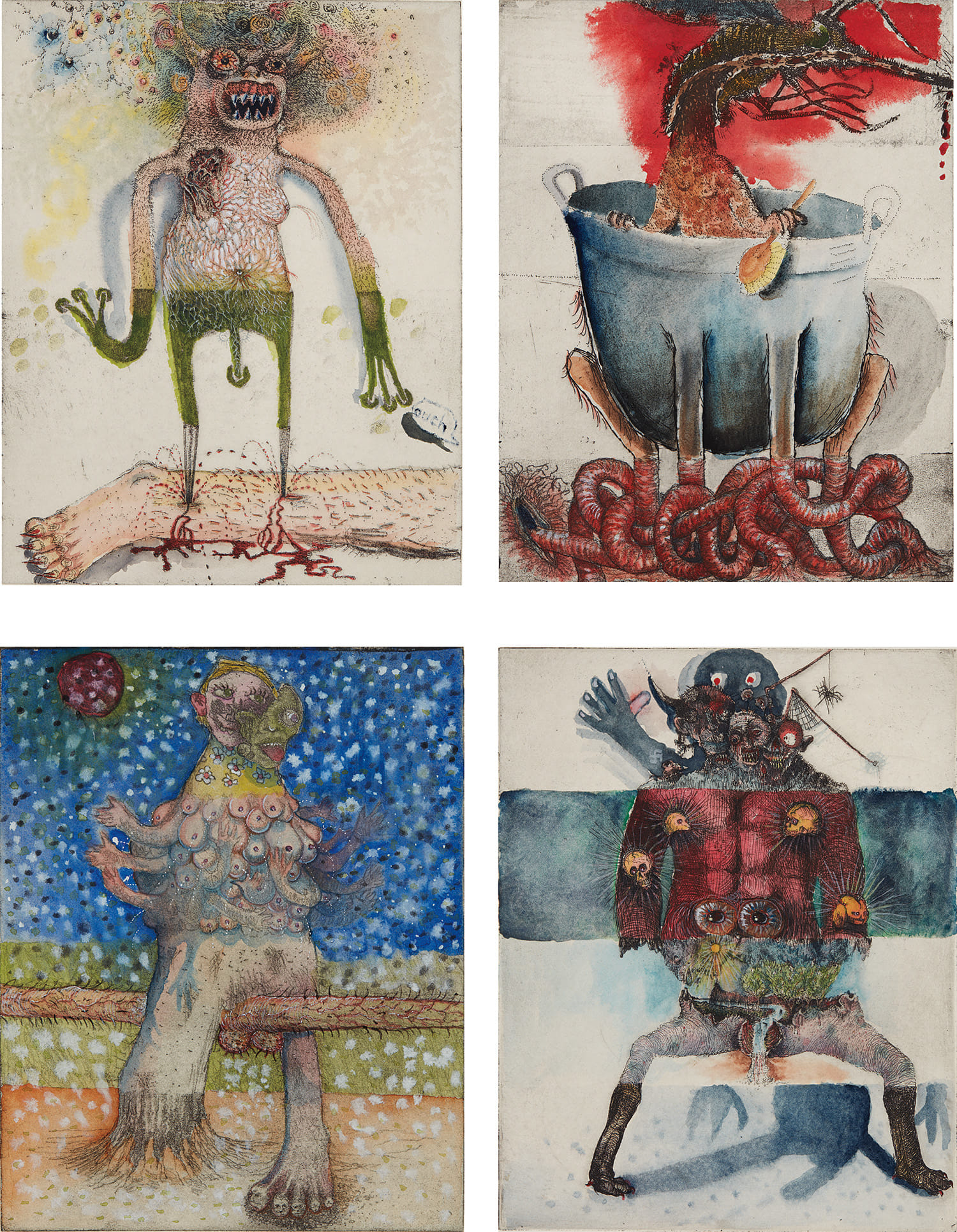 Jake — Four works: (i) Dagger Legs I; (ii) Mosquito in a bath tub I; (iii) Milking boobs I; (iv) Urinating I