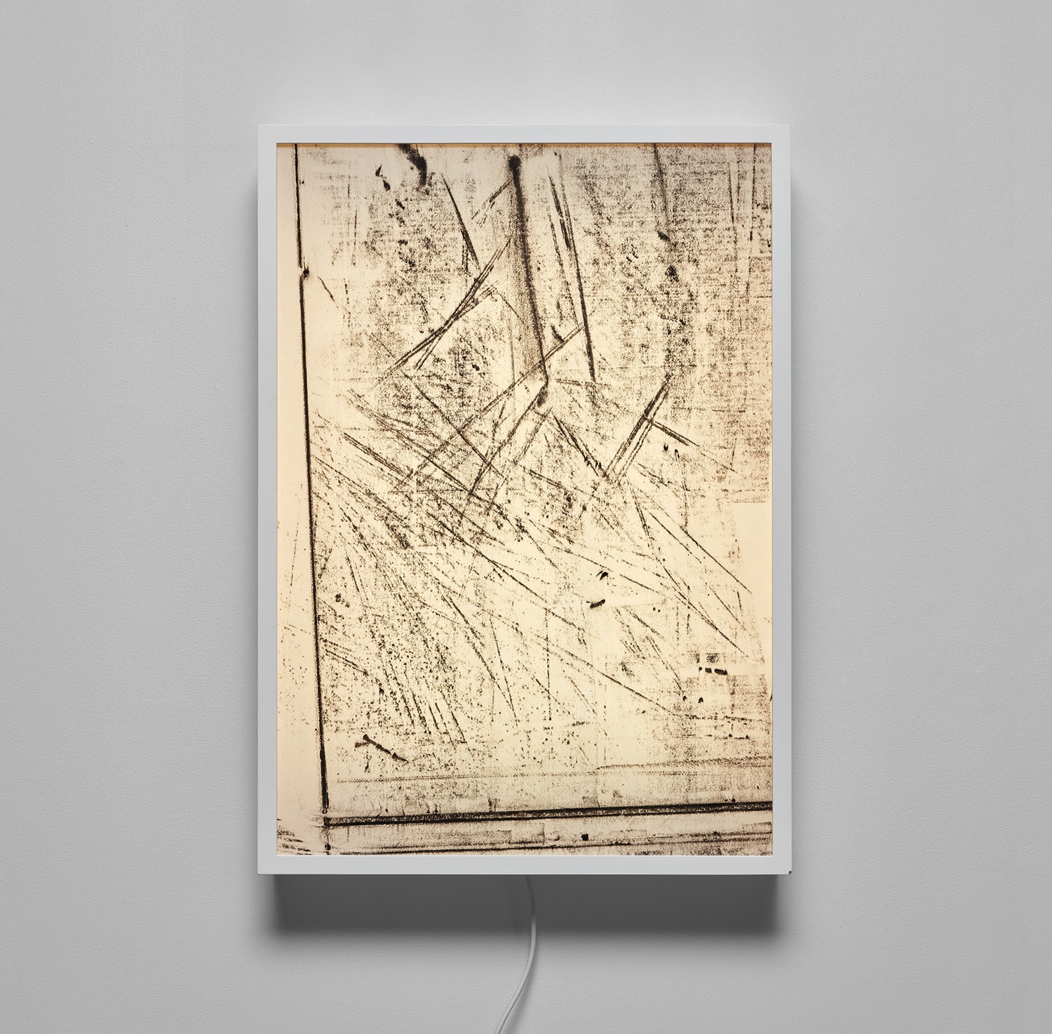 Virginia Overton — wood, paint, electrical wiring, bulbs and printed transparent film, in artist's frame