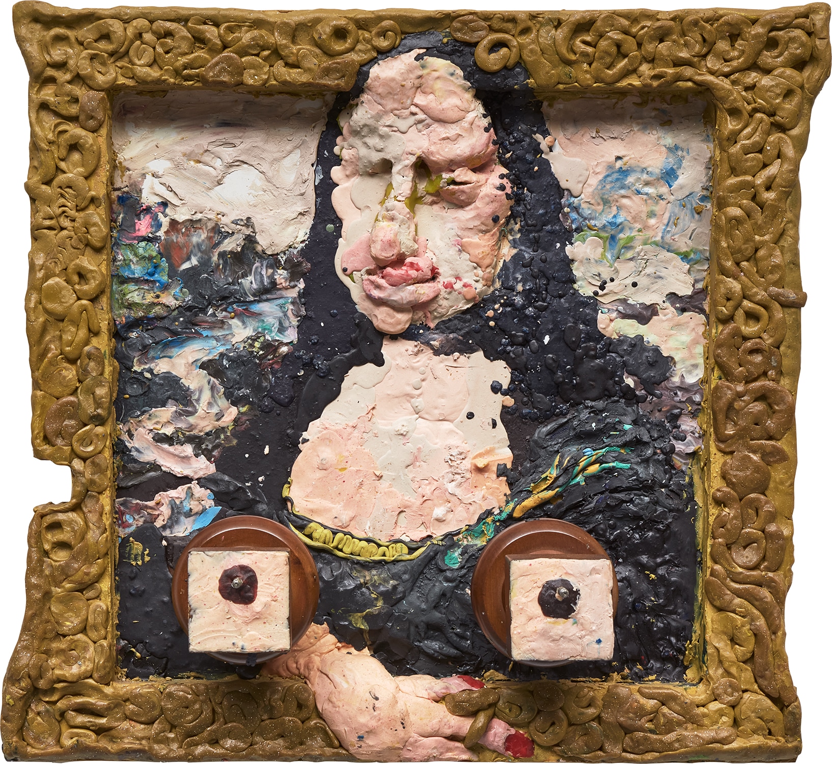 Plasticine, glitter, wood construction and screws on panel