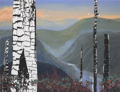 Interior with Thrift store Dog Portrait (Native American Pottery and Rug, Miro Poster, Collab Painting with Jonas & Mary Fedden Painting)