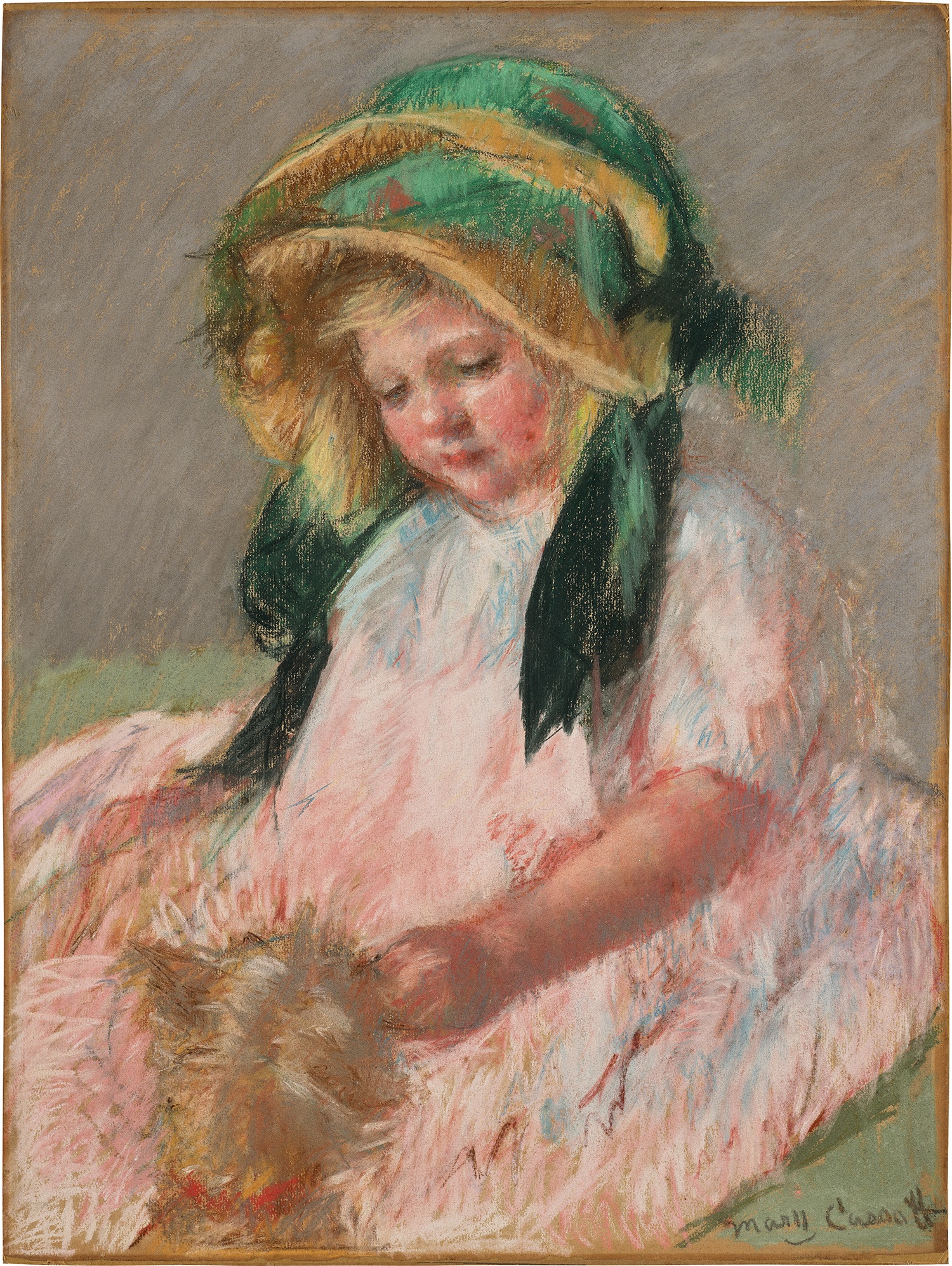 Mary Cassatt — Sara, with Bonnet Streamers Loose, Feeding Her Dog