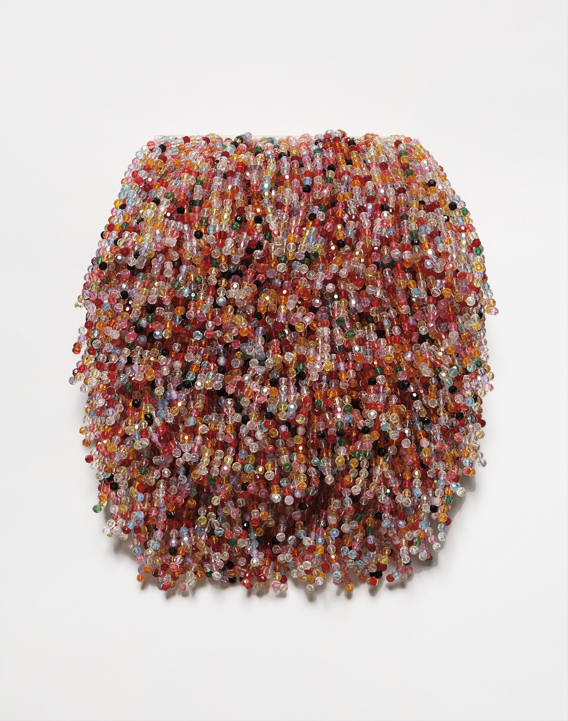 Plexiglas beads and thread on wooden panel