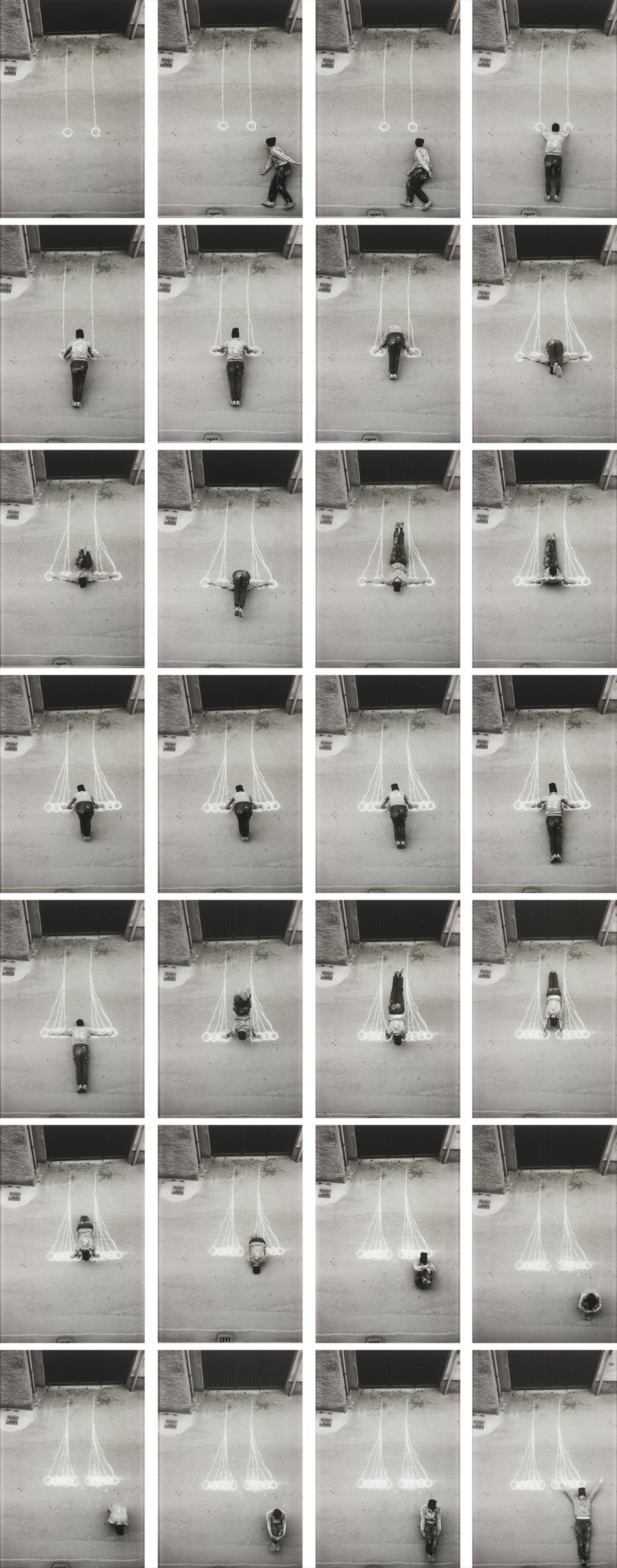 Robin Rhode — black and white photographs on Plexiglas, in 28 parts
