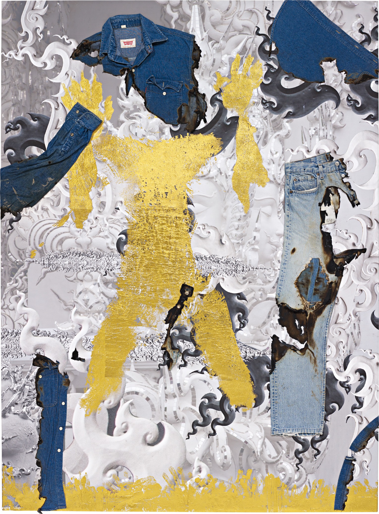 inkjet print, burnt denim and synthetic gold leaf on canvas