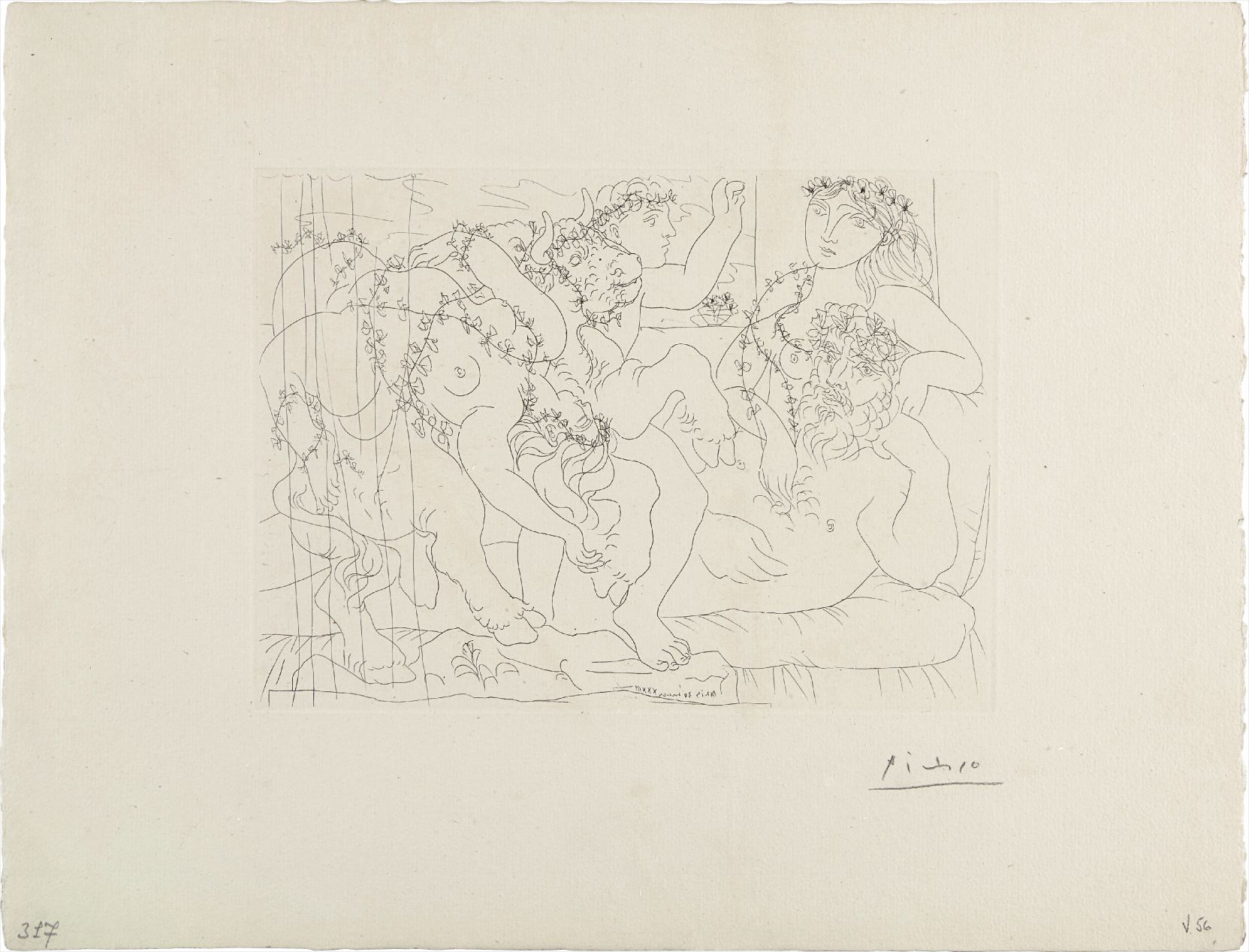 Pablo Picasso — Le repos du sculpteur devant une bacchanale au taureau (Resting Sculptor Before a Bacchanal Bull), plate 56 from La suite Vollard
