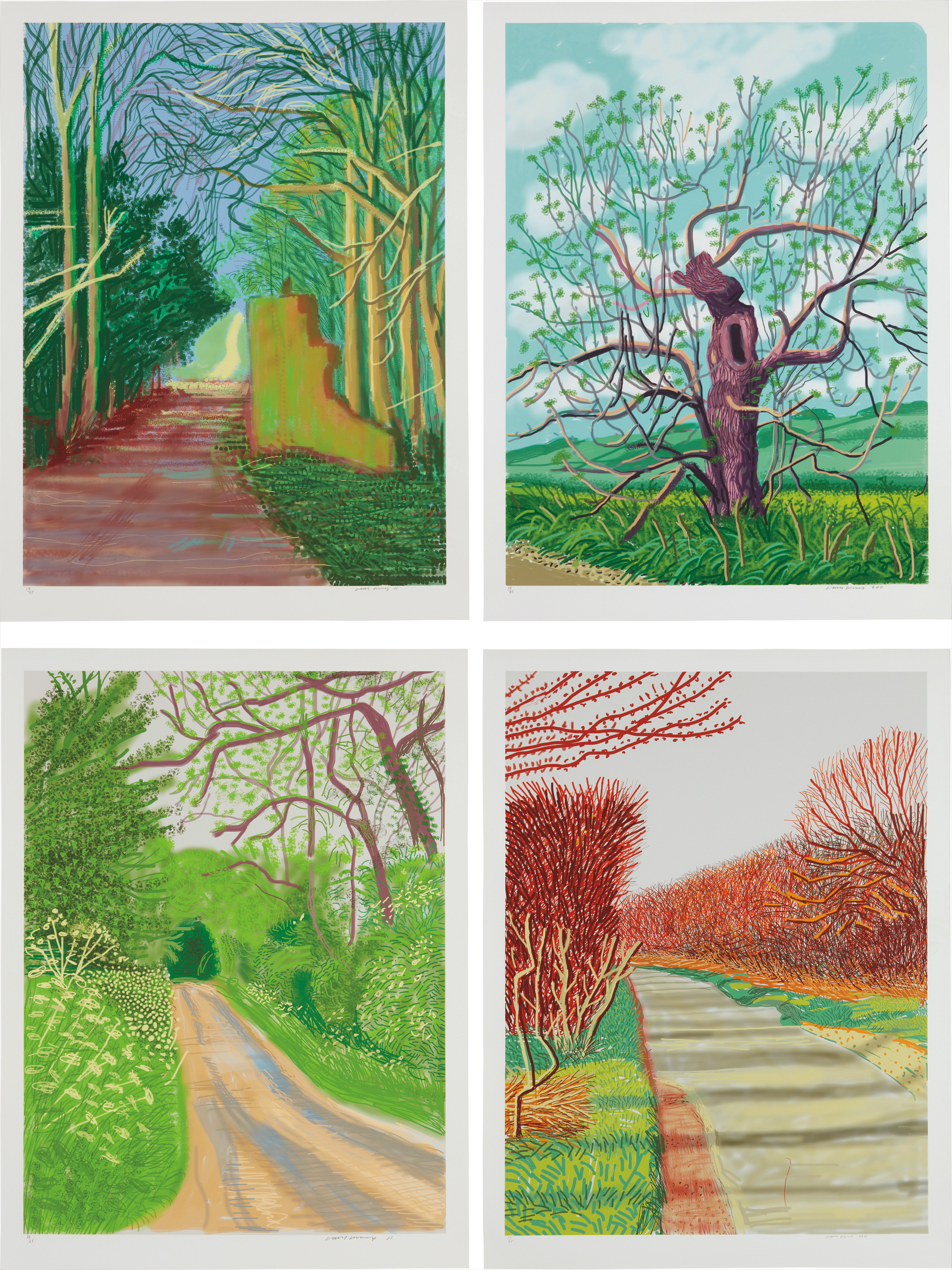 David Hockney — March 19; March 21; May 16; and  May 18, from The Arrival of Spring in Woldgate, East Yorkshire in 2011 (twenty eleven)