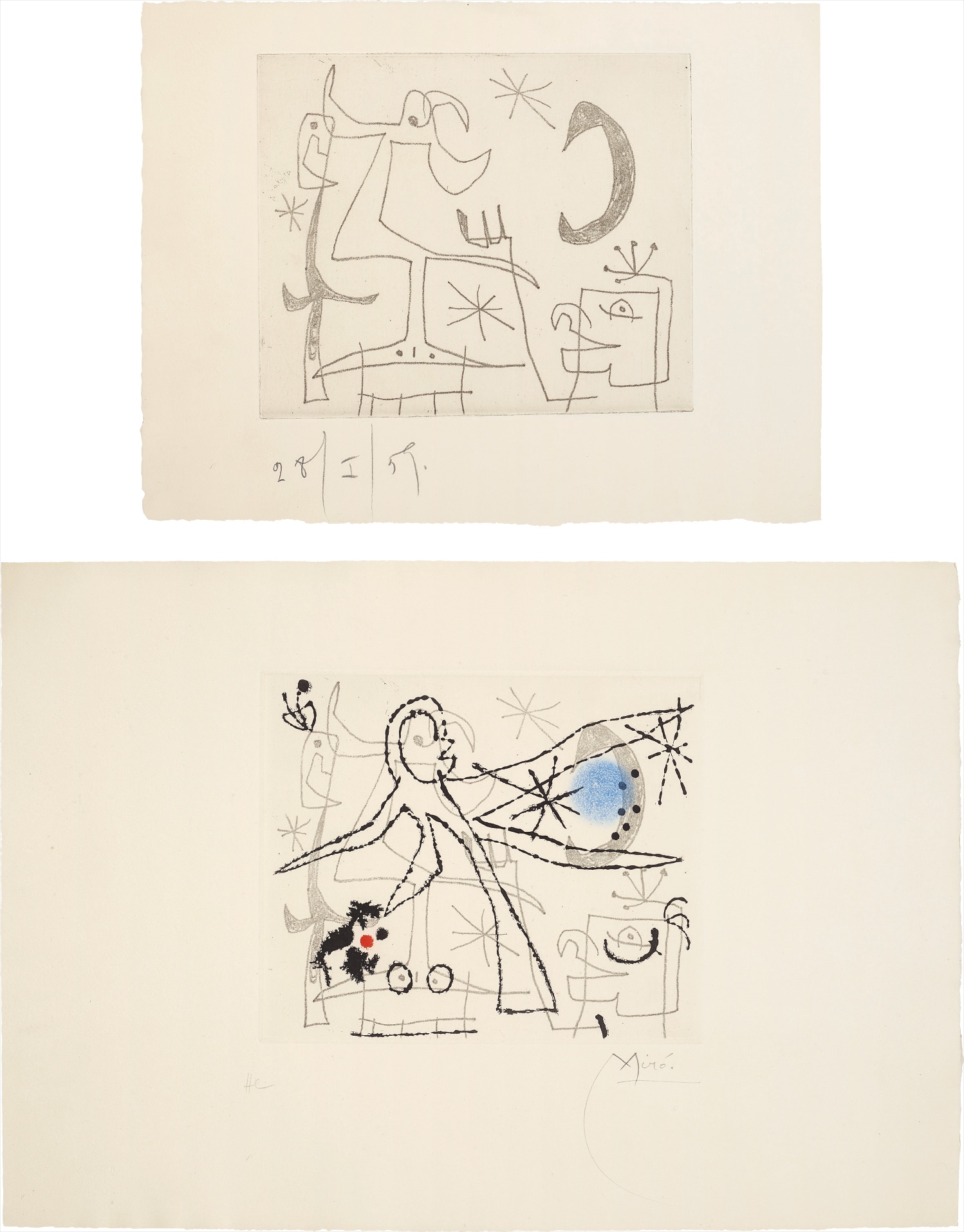 Joan Miró — L'oiseau dressé (Standing Bird): two impressions