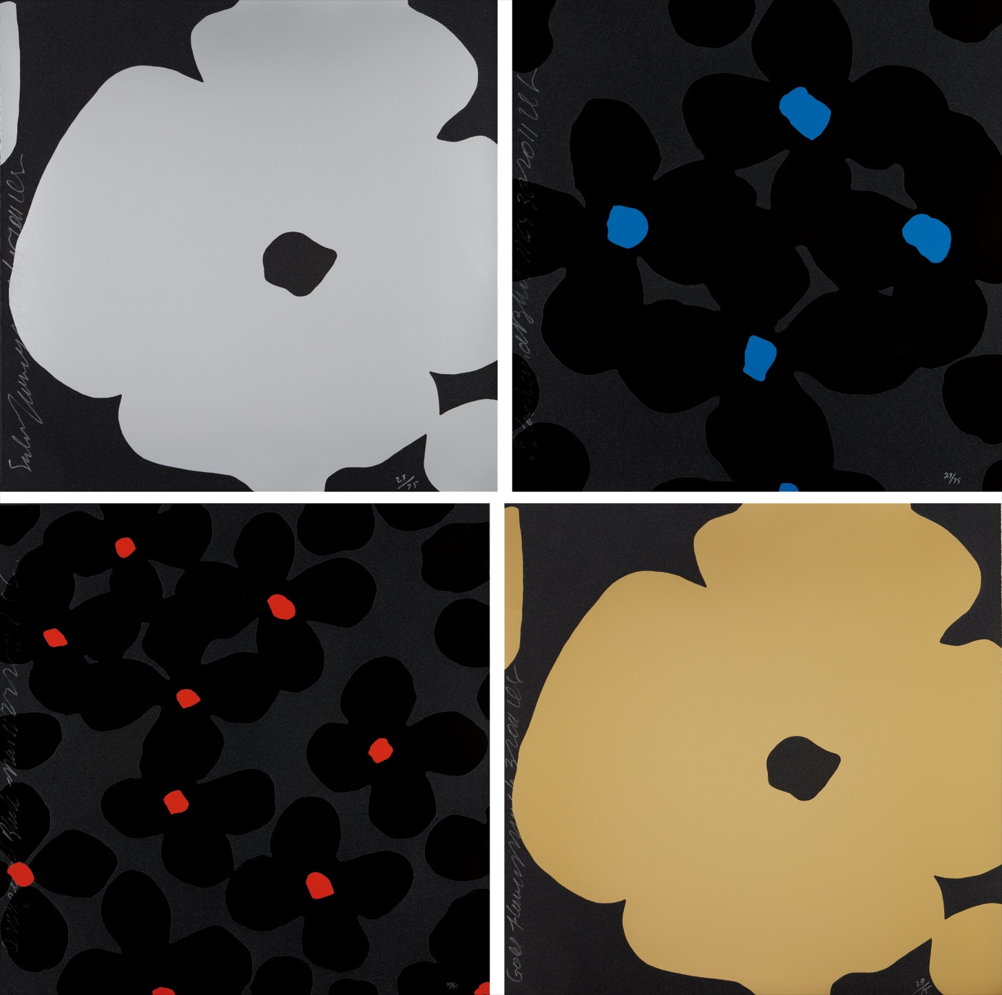 Silver Flowers; Gold Flowers; Black and Blue; and Orange and Black