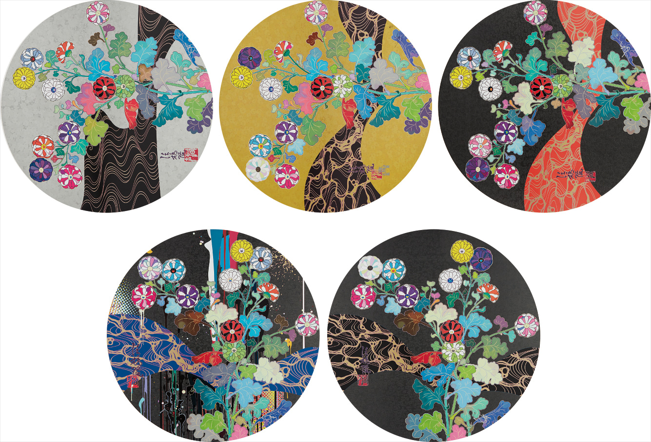 Takashi Murakami — A Red River is Visible; Kansei: The Golden Age; Hokkyo Takashi - Kansei; Kansei: Wildflowers Glowing in the Night; and Korin: Stellar River in the Heavens