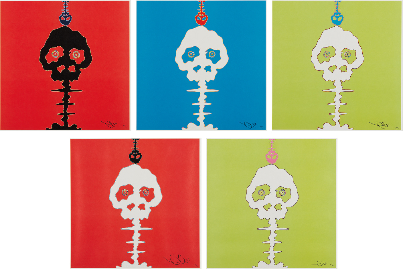 Takashi Murakami — LIME GREEN - TIME; RED - TIME; Time Bokan - green; Time Bokan - blue; and Time Bokan - red