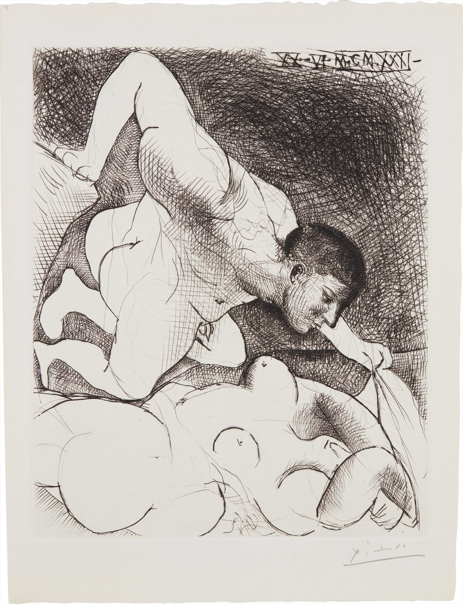 Pablo Picasso — Homme dévoilant une femme (Man Unveiling a Woman), plate 5 from La Suite Vollard