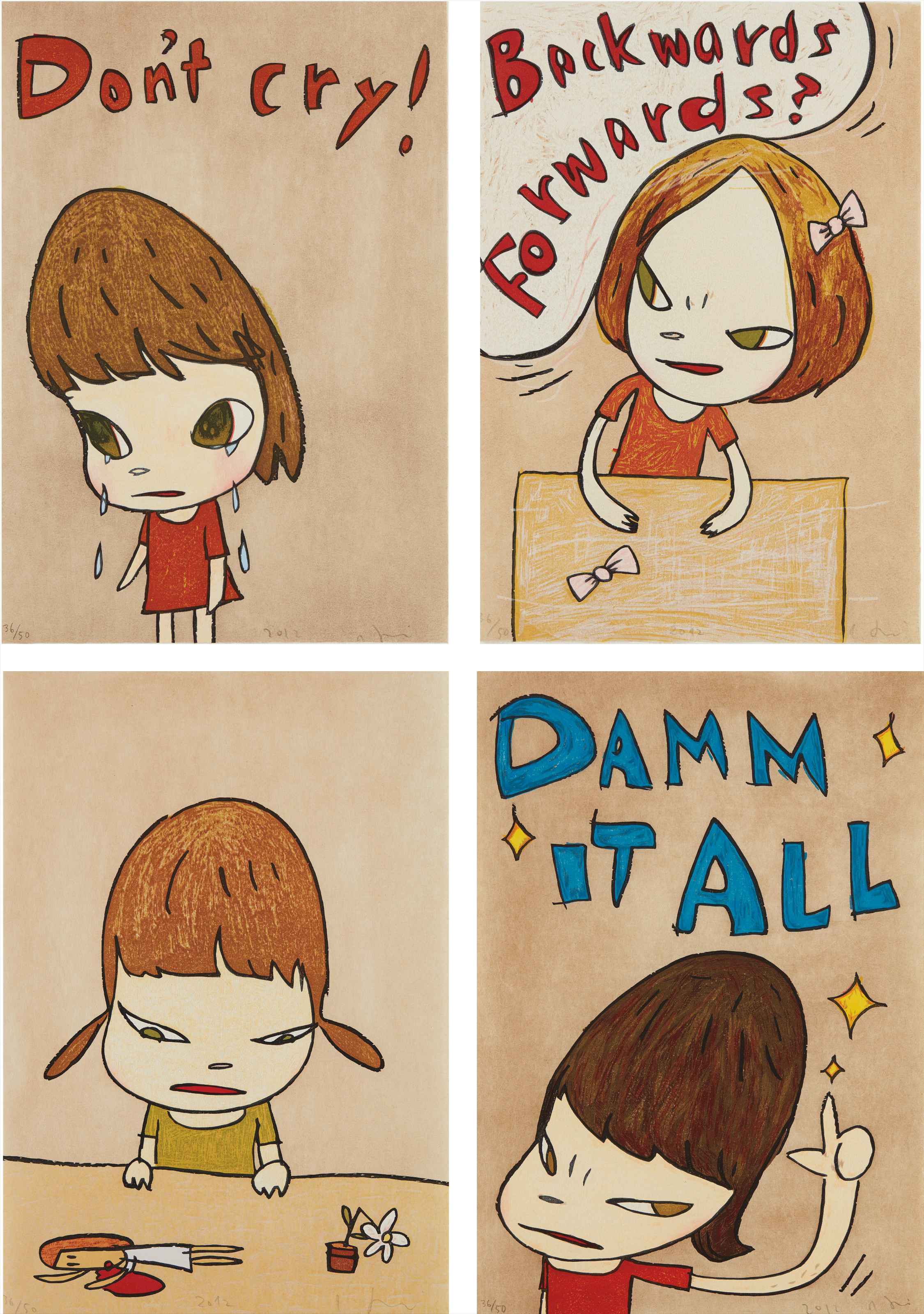 Yoshitomo Nara — Don't Cry; Backwards and Forwards; Broken Treasures; and Damn It All