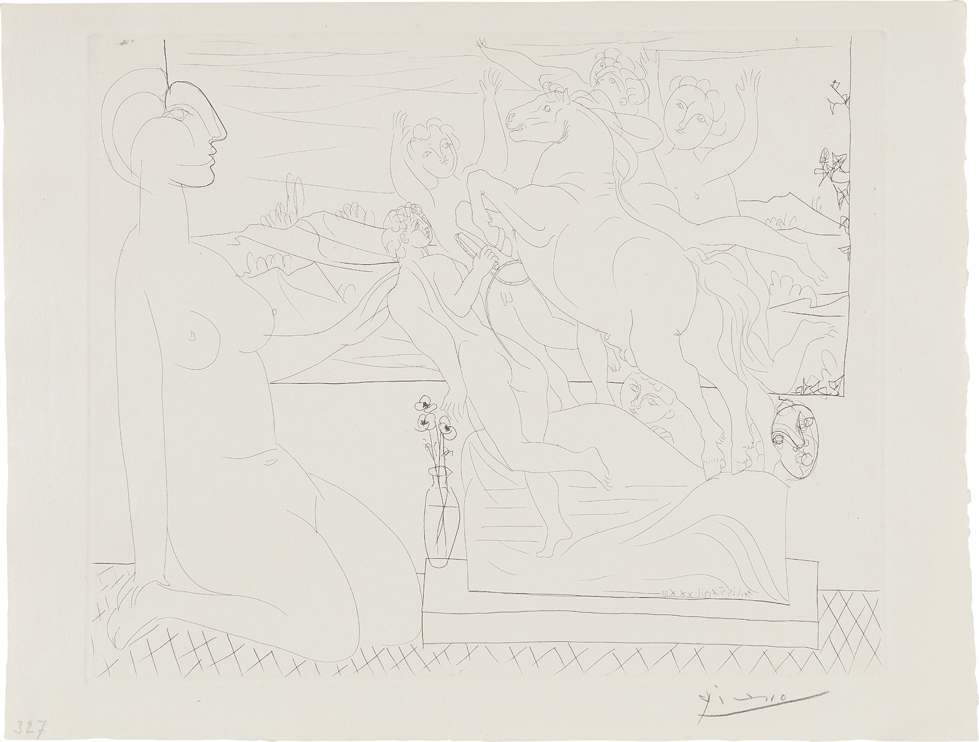 Pablo Picasso — Modèle contemplant un Groupe sculpté (Model Contemplating a Sculpture), plate 66, from La Suite Vollard