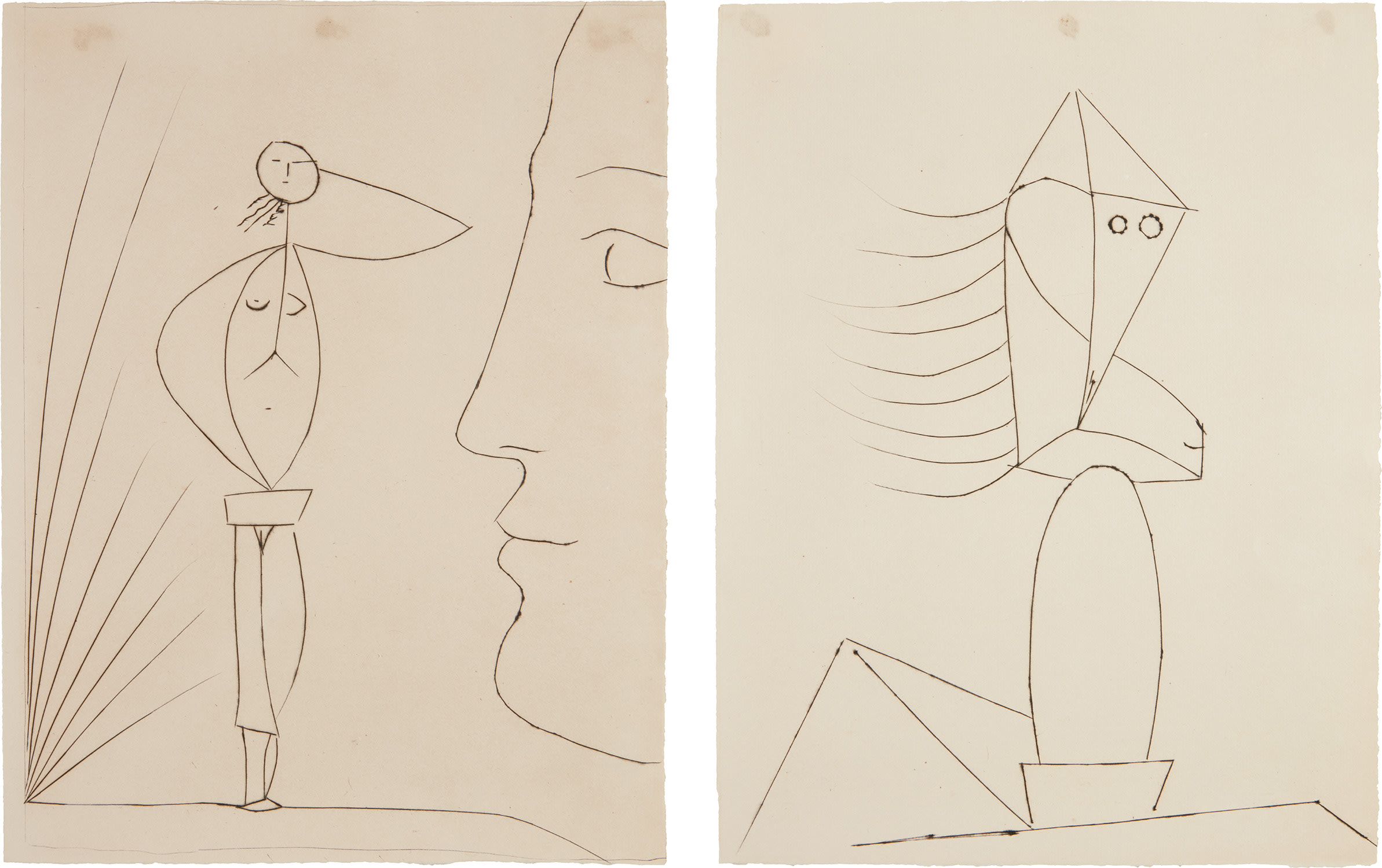 Pablo Picasso — Profil et femme nue; and Sculpture (Profile and Naked Woman; and Sculpture), from Six Contes Fantasques (Six Whimsical Tales)