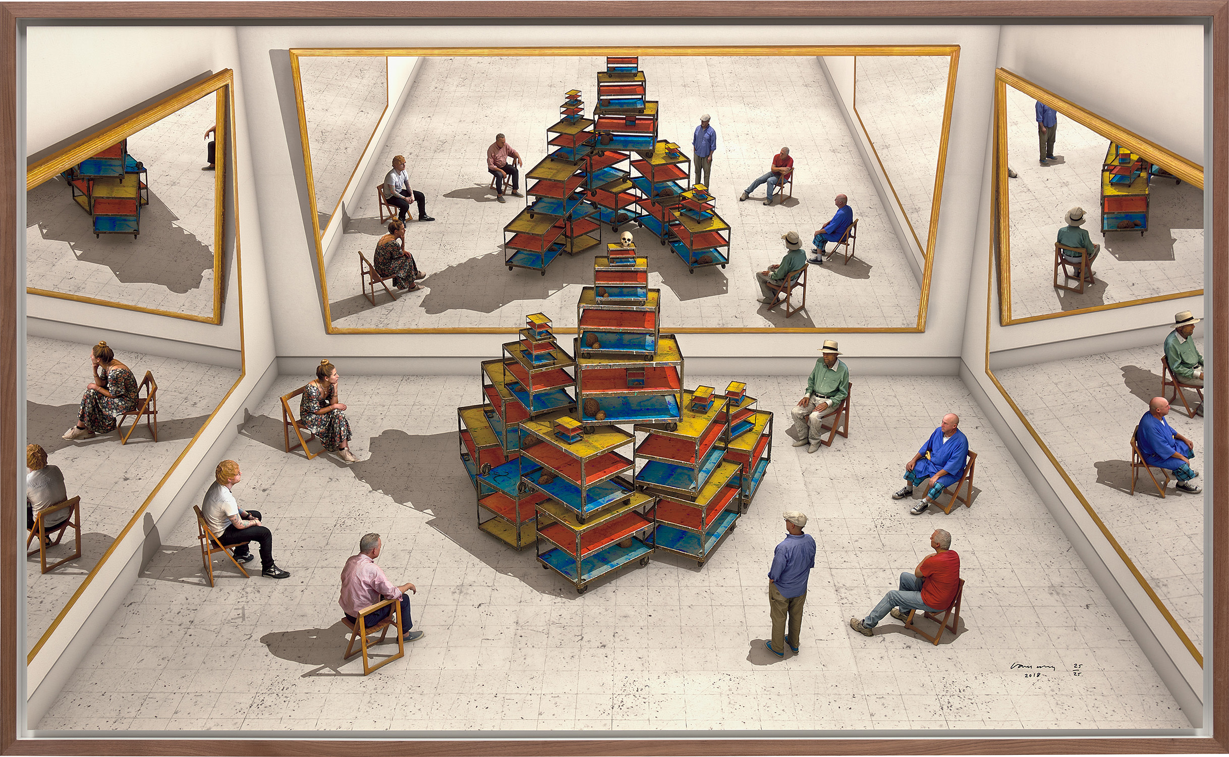 David Hockney — Viewers Looking at a Ready-made with Skull and Mirrors