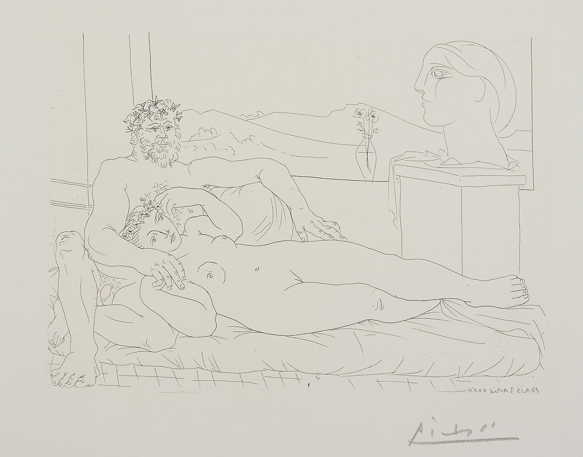 Pablo Picasso — Le Repos du sculpteur II (The Sculptor's Rest), plate 63 from the Vollard Suite (B. 172, Ba. 325)