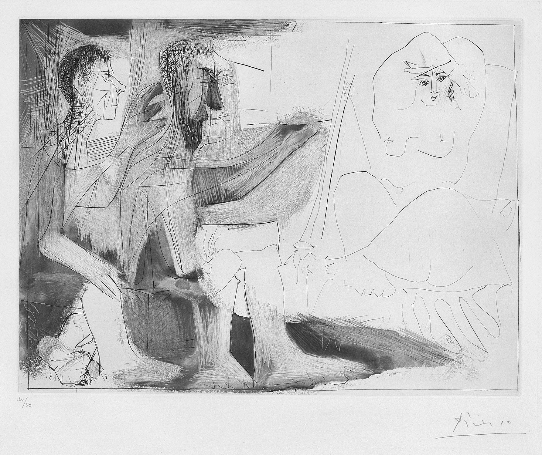 Pablo Picasso — Peintre au travail (Peintre barbu avec modèle nu et un spectateur) (Painter at Work, Bearded Painter with Nude Model and a Spectator) (B. 1122, Ba. 1116)