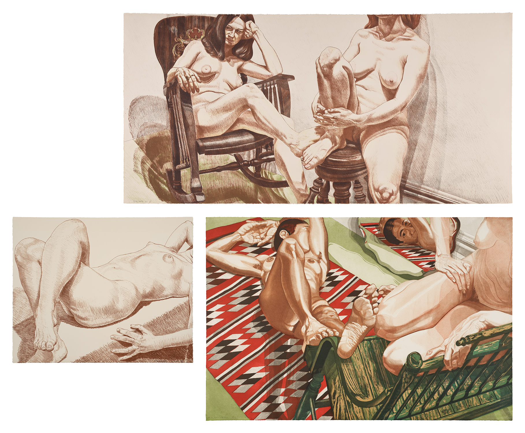 Philip Pearlstein — Nude Lying with Crossed Legs; Two Female Models on Rocker and Stool; and Models with Mirror (F. 11 & 37)