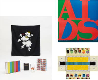 The Getting into the Spirits Cocktail Book; and Milk Glass, both from the 1984 Miss General Idea Pavillion; General Idea (Ghent Scarf); The Armoury of the 1984 Miss General Idea Pavillion; AIDS Stamps, from Parkett vol. 15; Test Pattern: T.V. Dinner Plate; and AIDS (A Project of the Public Art Fund Inc.)