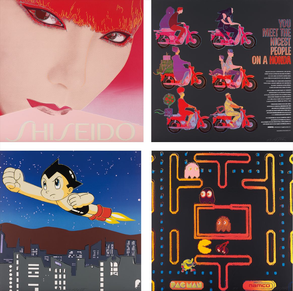 Shiseido; Honda; Astro Boy; and Packman from Homage to Andy Warhol
