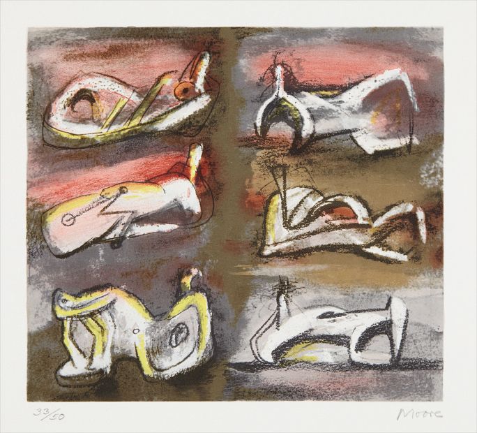 Henry Moore — Six Reclining Figures with Red Background