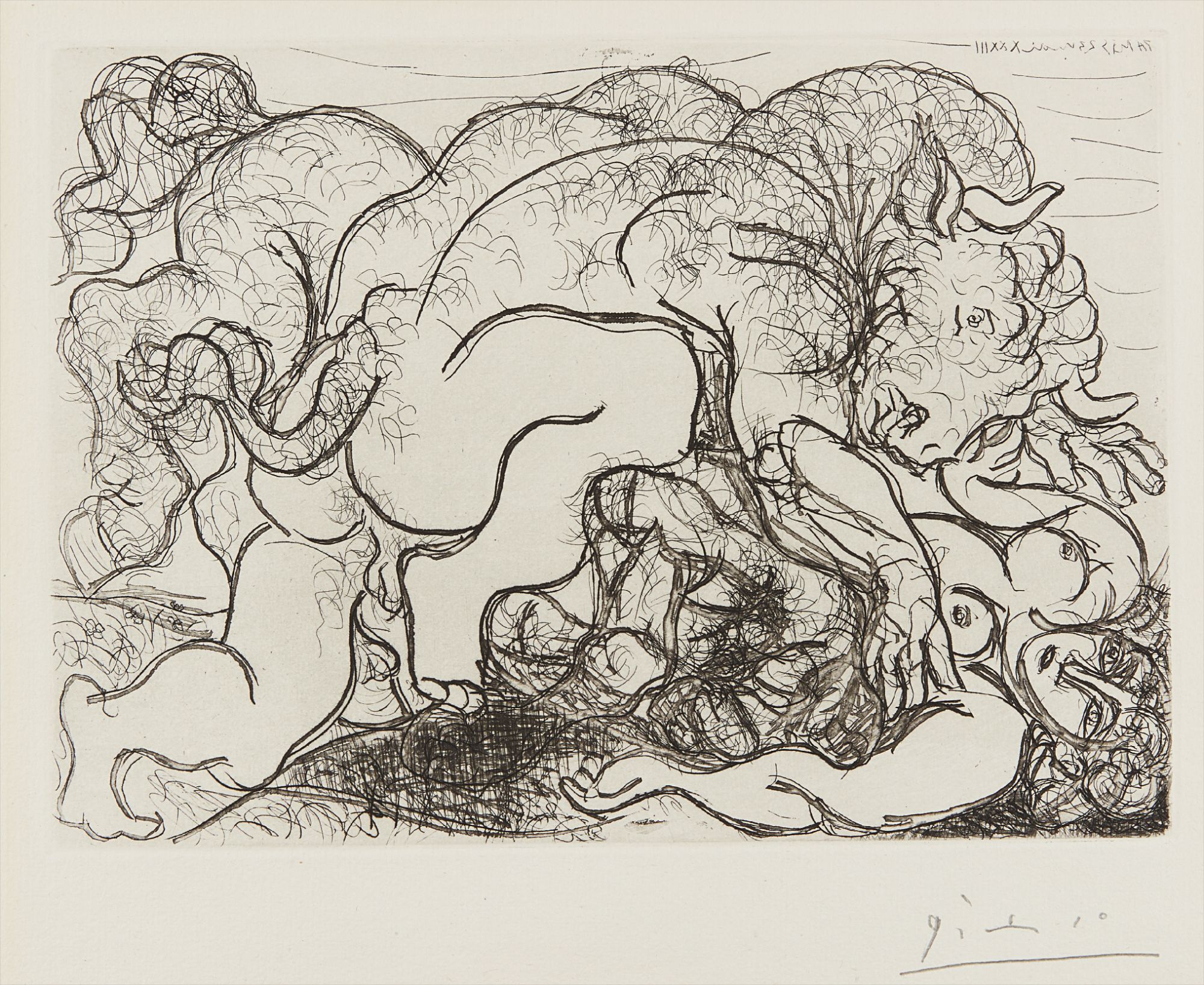 Pablo Picasso — Minotaure attaquant une amazone (Minotaure Attacking an Amazon), plate 87 from La suite Vollard