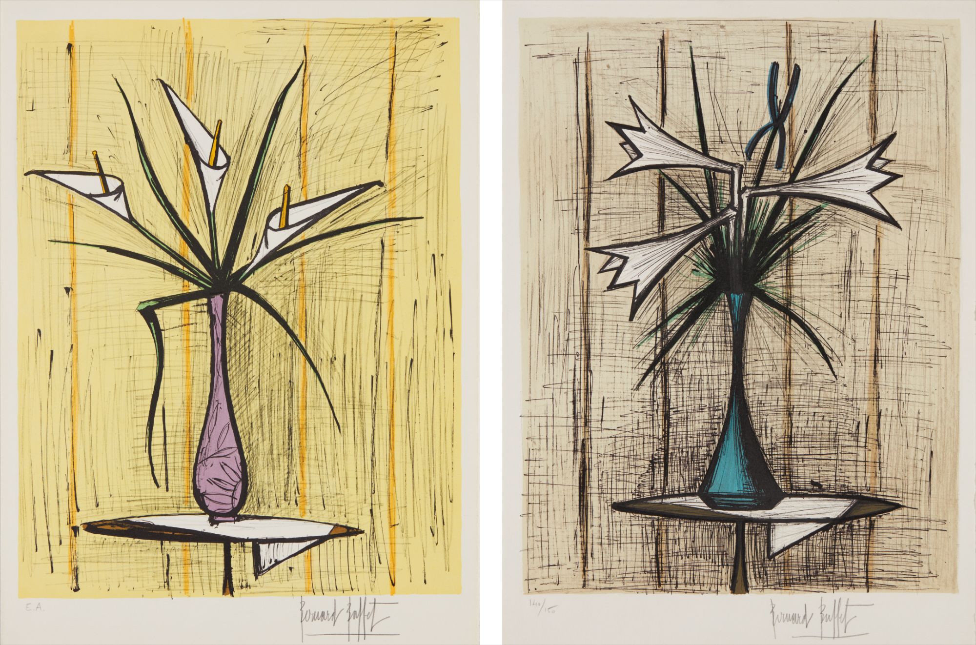 Bernard Buffet — Arums, fond jaune (Arums, Yellow Background); and Lys et iris (Lilies and Iris)
