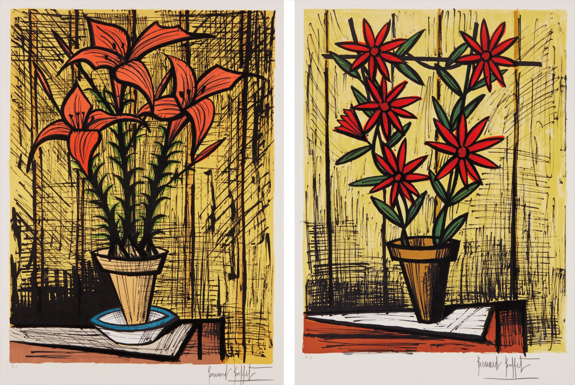 Bernard Buffet — Marguerites rouges (Red Daisies), and Fleurs oranges dans un pot (Orange Flowers in a Pot)