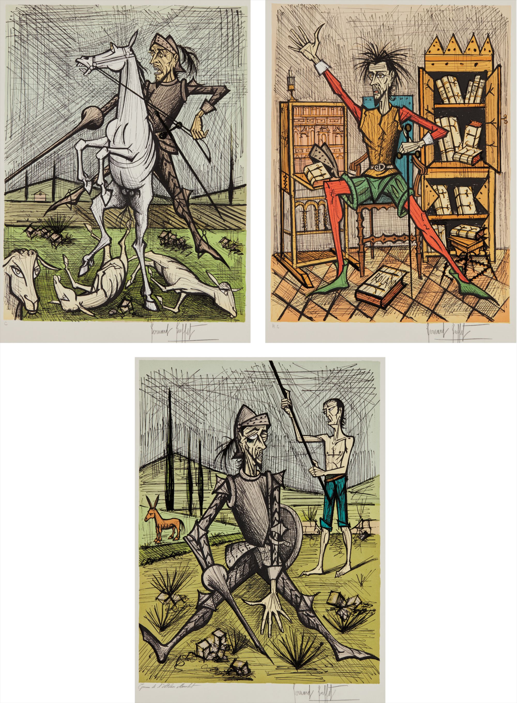 Bernard Buffet — Don Quixote recontre avec les muletiers (Don Quixote with the Mule Drivers); Don Quixote dans la bibliotheque II (Don Quixote in Library II); and Don Quixote et les moutons (Don Quixote and the Sheep)