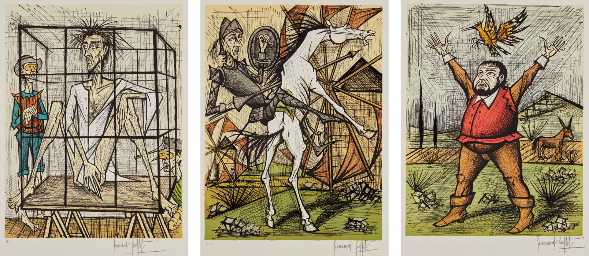 Bernard Buffet — Don Quixote et les moulins (Don Quixote and the Mills); Sancho Panza et la huppe (Sancho Panza and the Hoopoe); and Don Quixote en cage (Don Quixote in a Cage), from Don Quixote