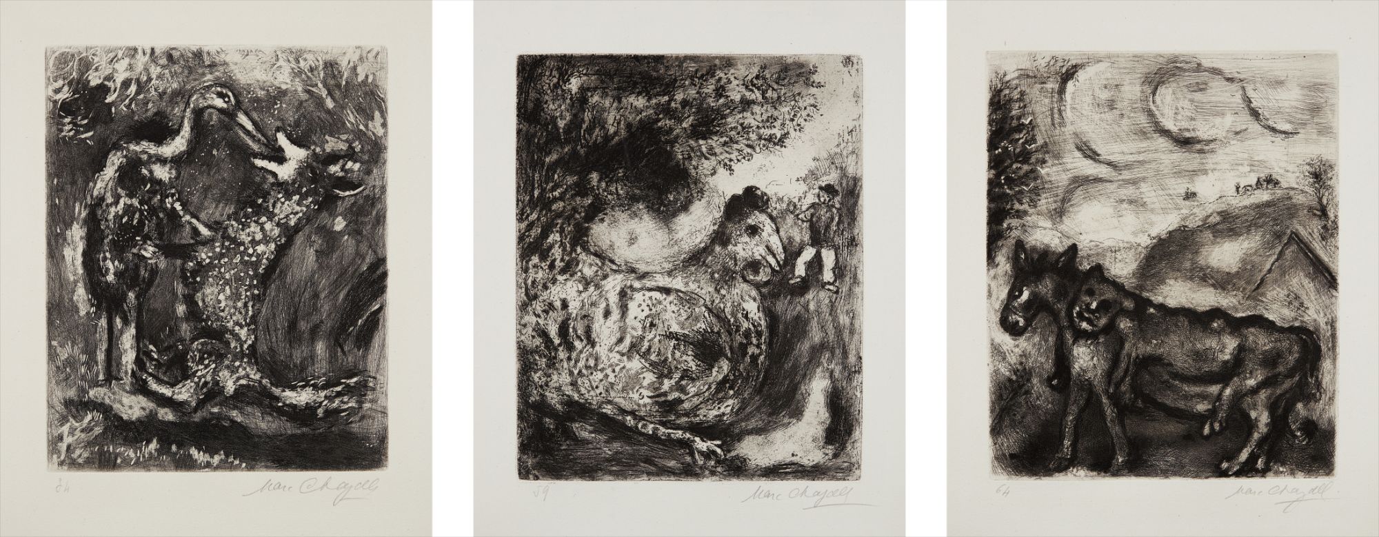 Marc Chagall — The Wolf and the Stork, plate 34; The Hen that Laid Golden Eggs, plate 59; and The Ass in the Lion’s Skin, plate  64, from Fables de la Fontaine