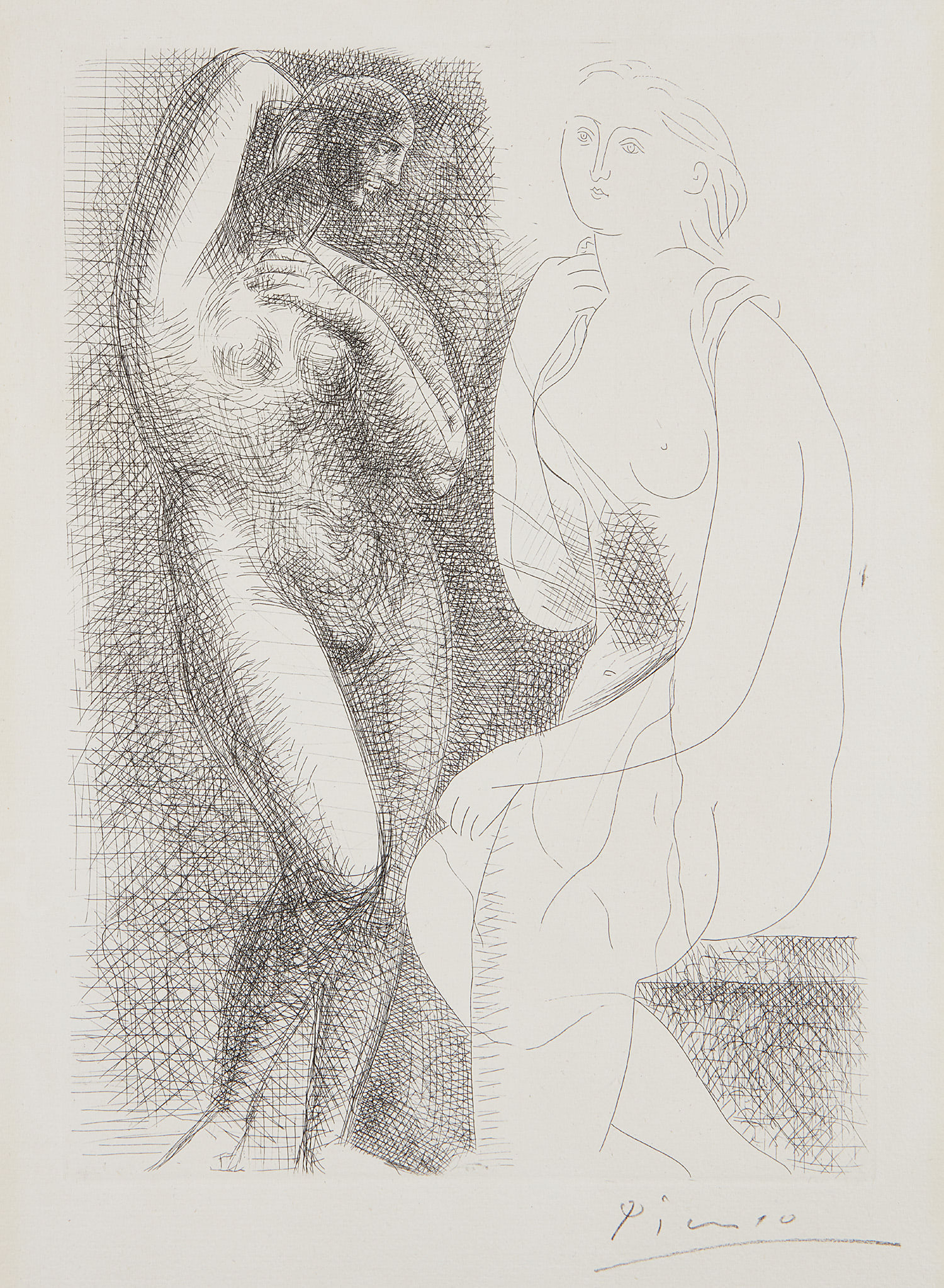 Pablo Picasso — Femme nue devant une statue (Naked Woman in Front of a Statue), plate 6 from La Suite Vollard