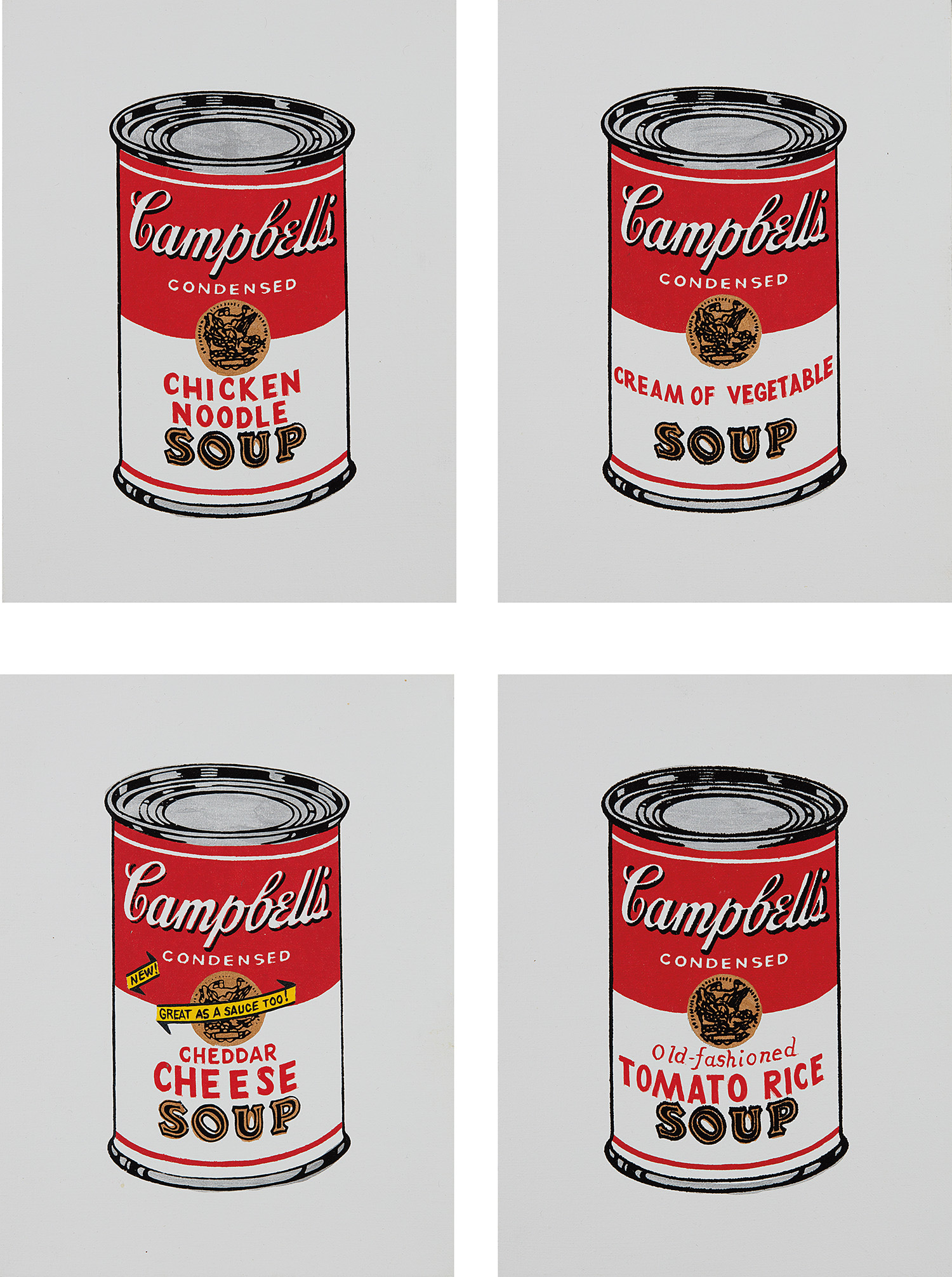 Richard Pettibone — Chicken Noodle; Cream of Vegetable; Cheddar Cheese and Tomato Rice, from Andy Warhol, '32 Cans of Campbell's Soup,' 1962