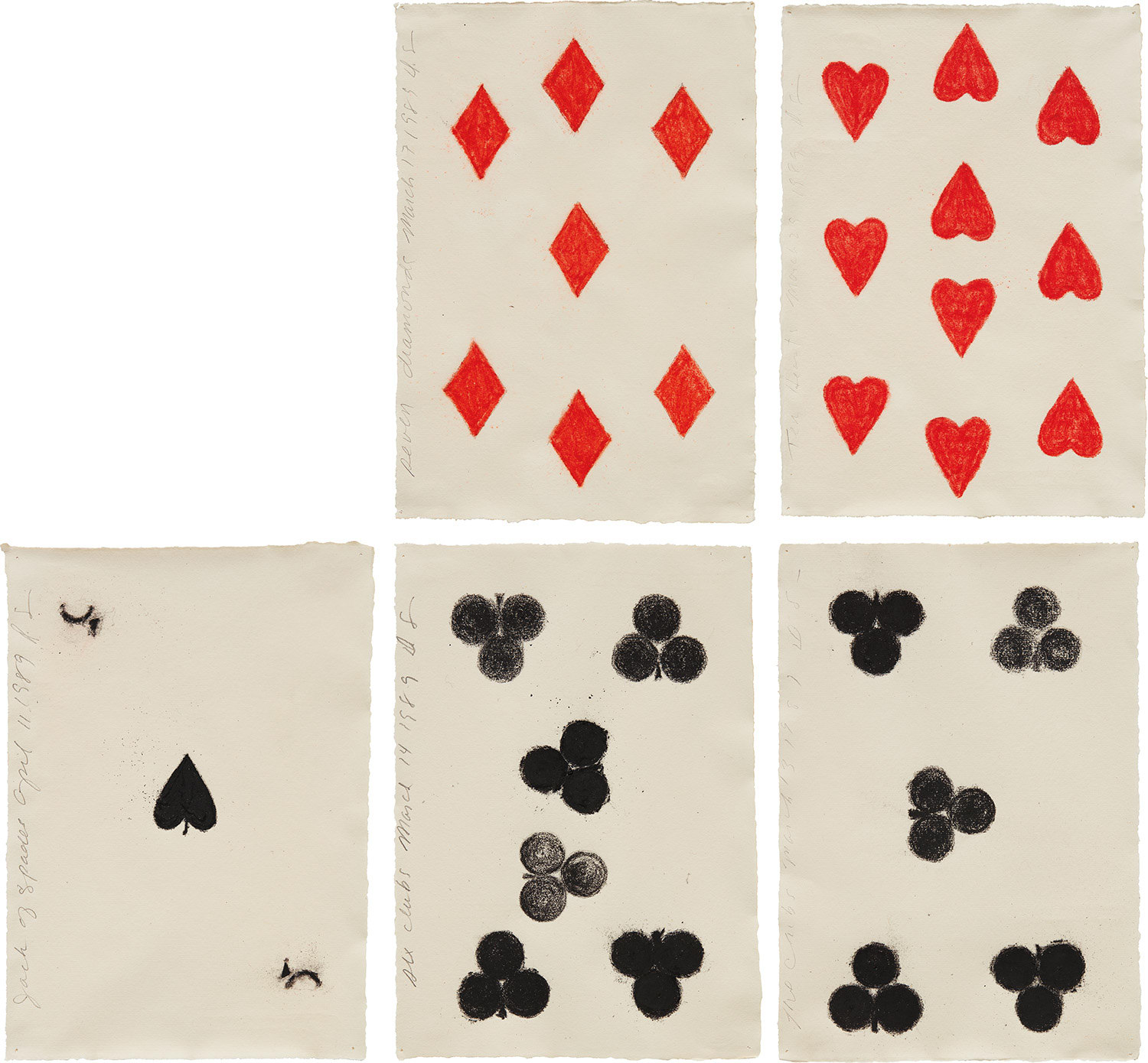 Donald Sultan — Seven Diamonds March 17 1989; Ten Hearts March 23 1989; Jack of Spades April 11 1989; Six Clubs March 14; and Five Clubs March 13