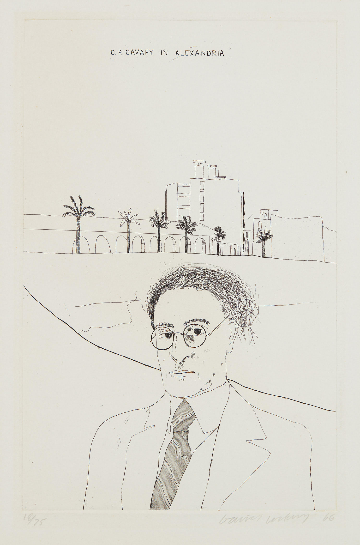 David Hockney — Portrait of Cavafy in Alexandria, from Illustrations for Fourteen Poems by C.P. Cavafy