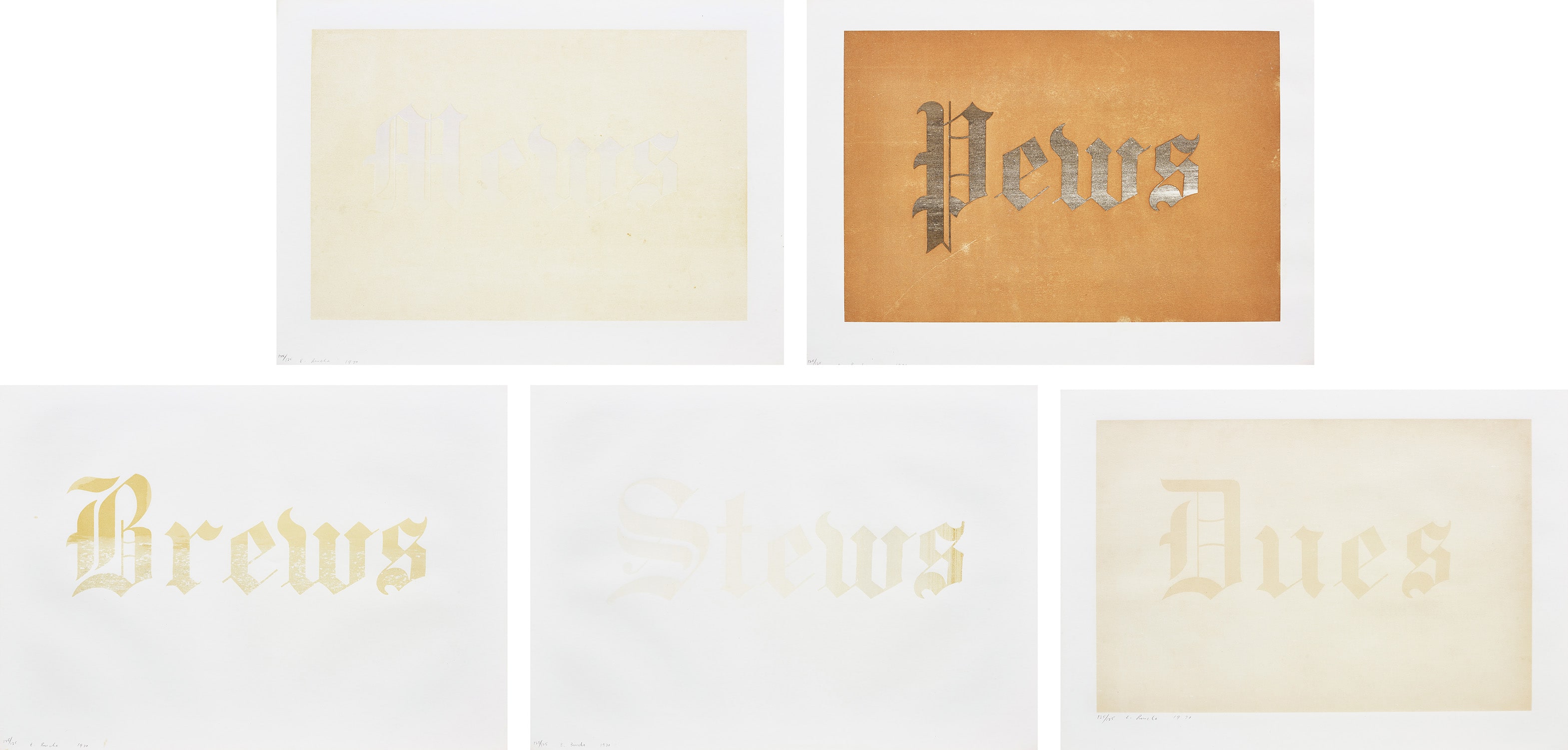 Ed Ruscha — News, Mews, Pews, Brews, Stews & Dues: five plates