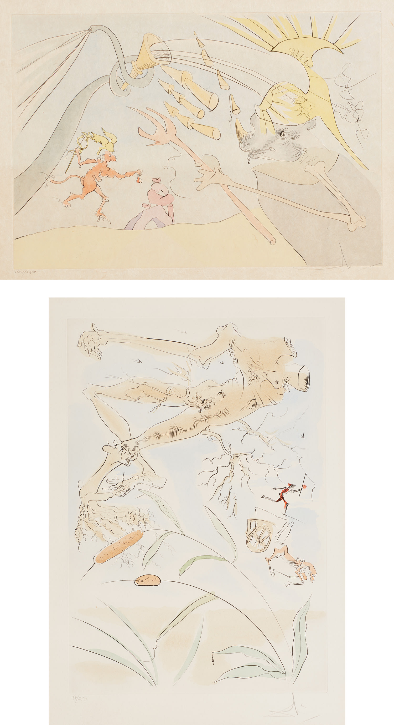 Salvador Dalí — The Elephant and Jupiter's Monkey; and The Oak and the Reed, from La Bestiaire de la Fontaine Dalinesé (La Fontaine's Bestiary Dalinized)