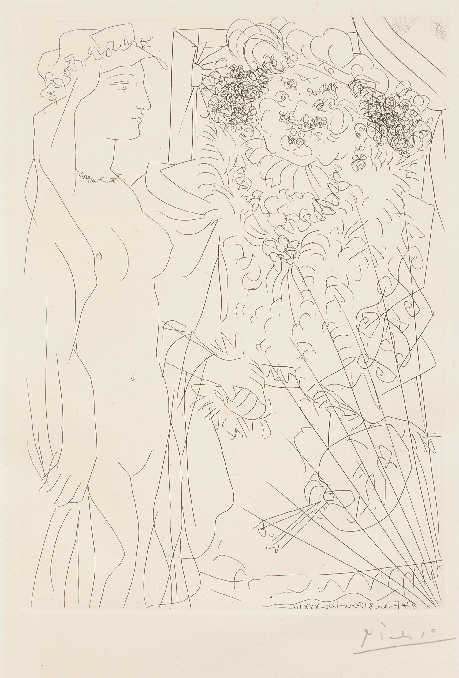 Pablo Picasso — Rembrandt et femme au voile (Rembrandt and Woman with Veil), plate 36 from La Suite Vollard