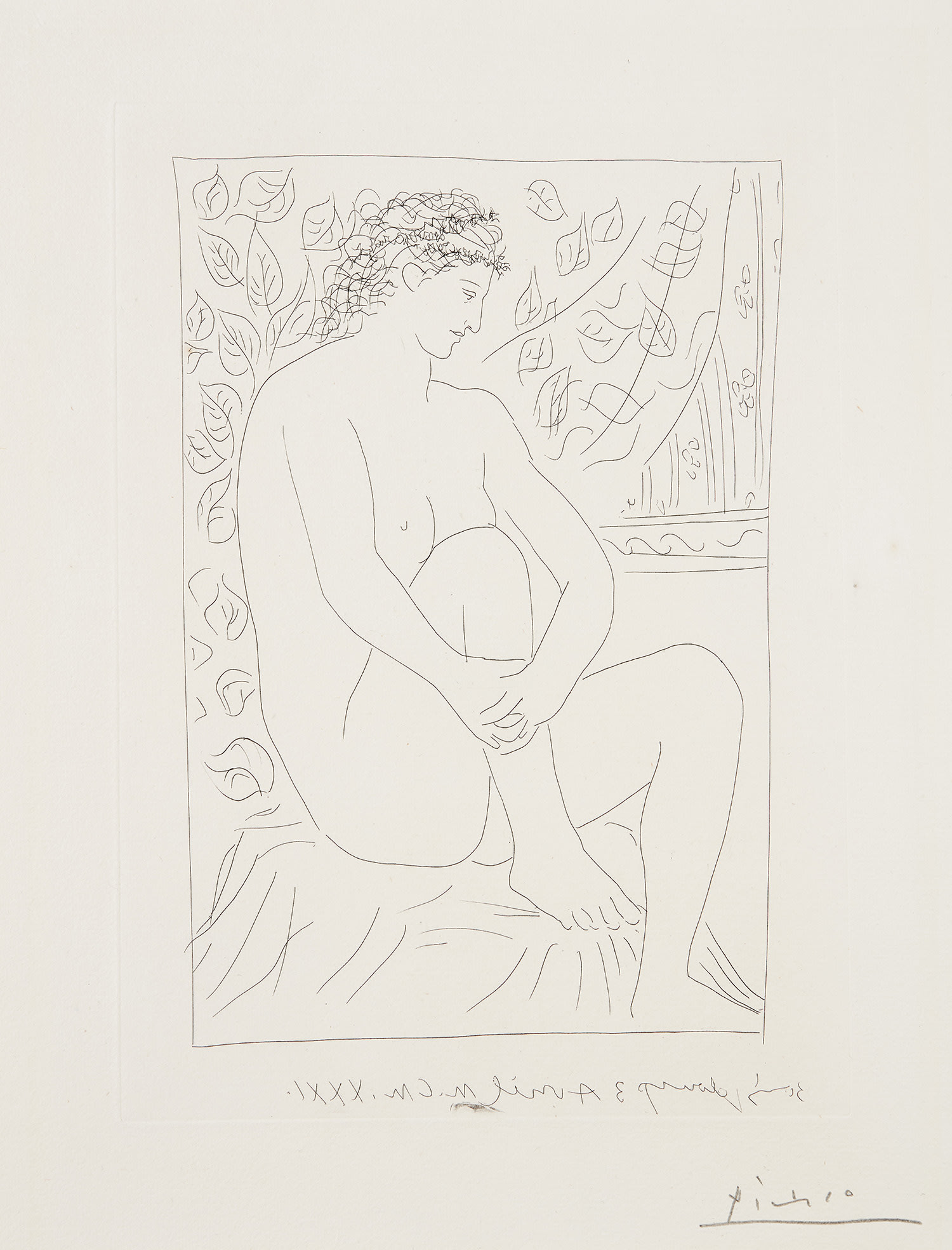 Pablo Picasso — Femme nue assise devant un rideau (Naked Woman Sitting in Front of a Curtain), plate 4 from La Suite Vollard (Bl. 137, Ba. 202)