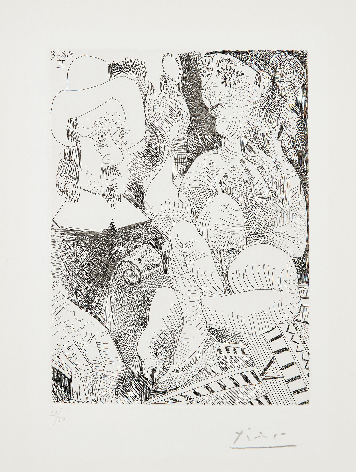 Pablo Picasso — Femme à sa toilette et homme au chapeau Rembranesque (Woman at Her Dressing Table and Man in a Rembrandtesque Hat), plate 258 from 347 Series (Bl. 1738, Ba. 1755)