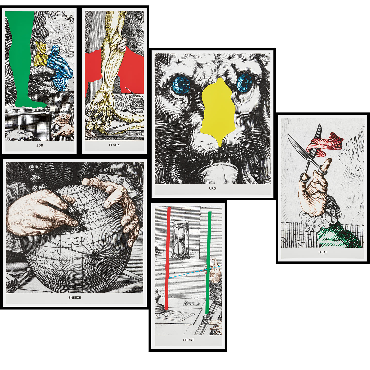 John Baldessari — Engravings with Sounds: Sob, Grunt, Clack, Sneeze, Urg, Toot