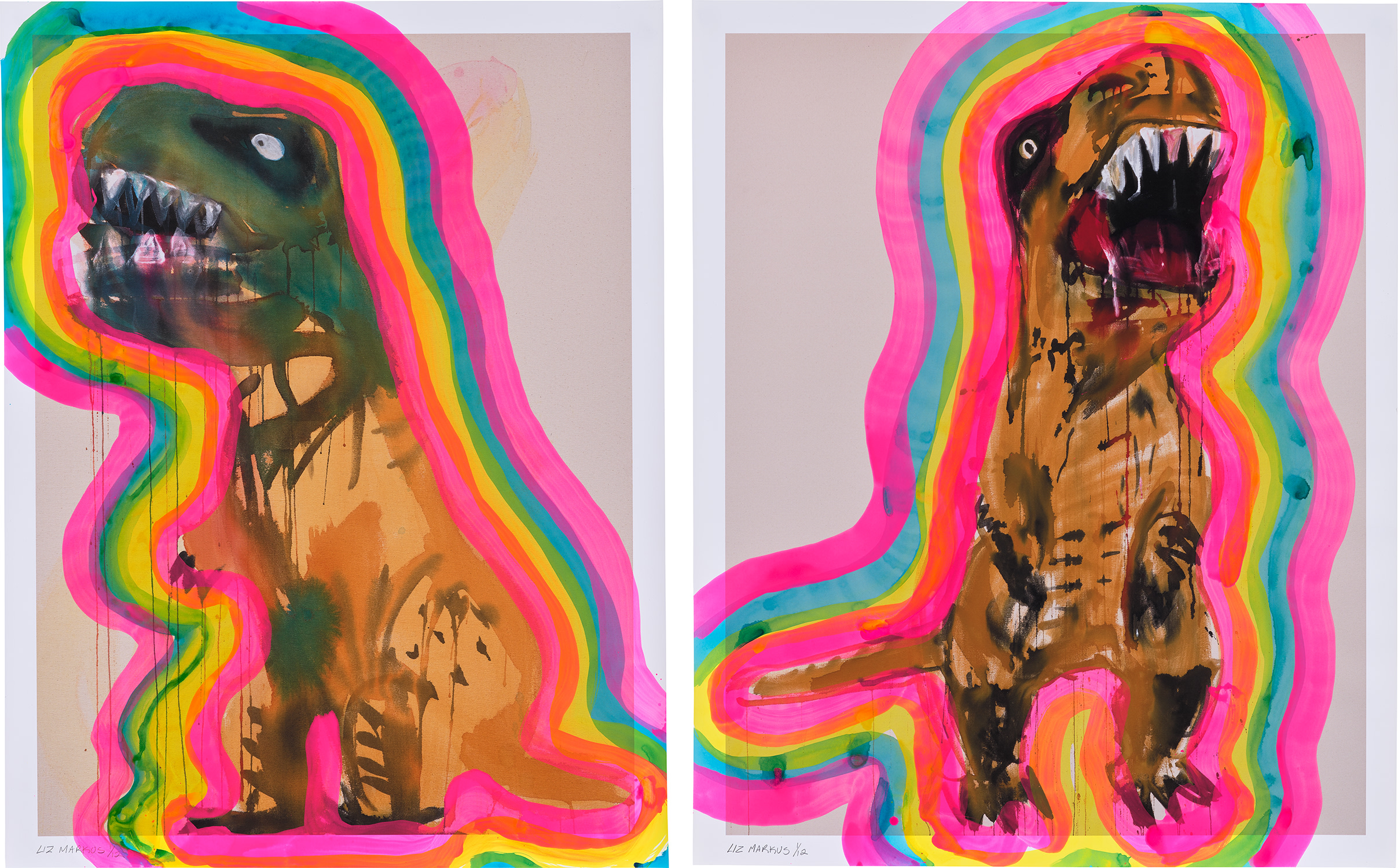 Liz Markus — Blue Faced T-Rex with Auras 01; and Jaws T-Rex with Auras 01