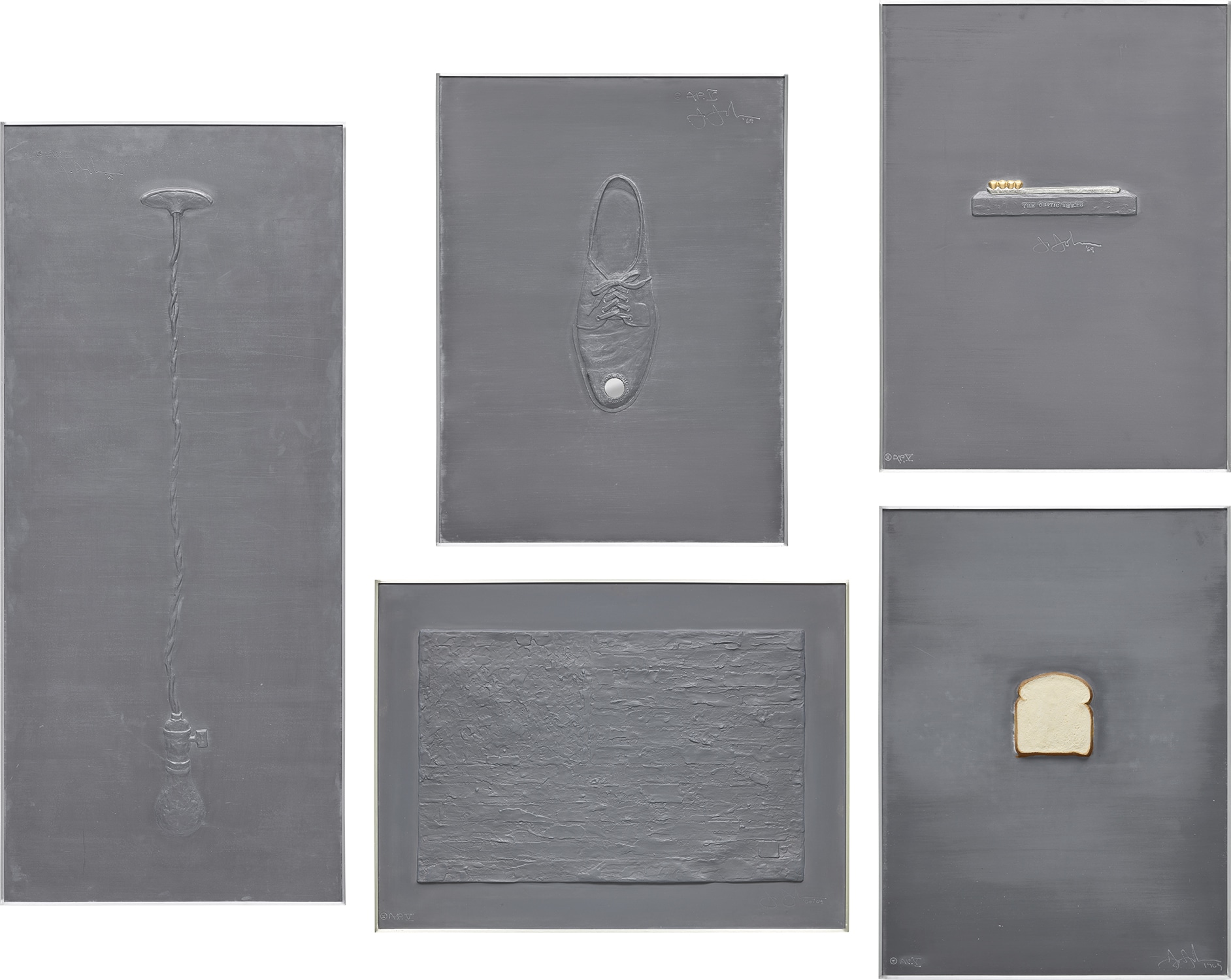 Jasper Johns — High School Days, The Critic Smiles, Flag, Light Bulb, and Bread, from Lead Reliefs (G. 129-133; ULAE 72-76)