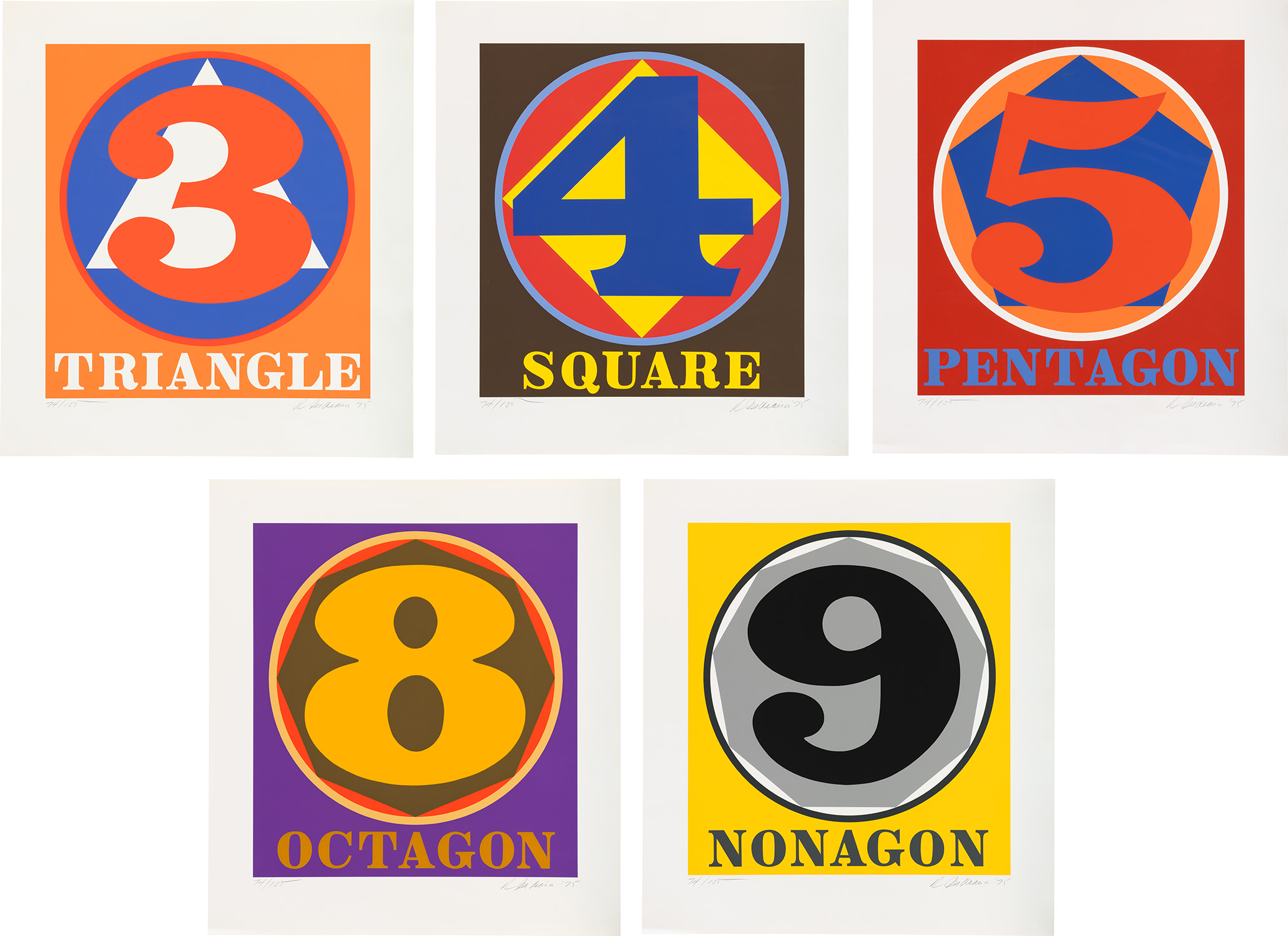 Triangle; Square; Pentagon; Octagon; and Nonagon, from Polygons (S. 85-87, 90-91)