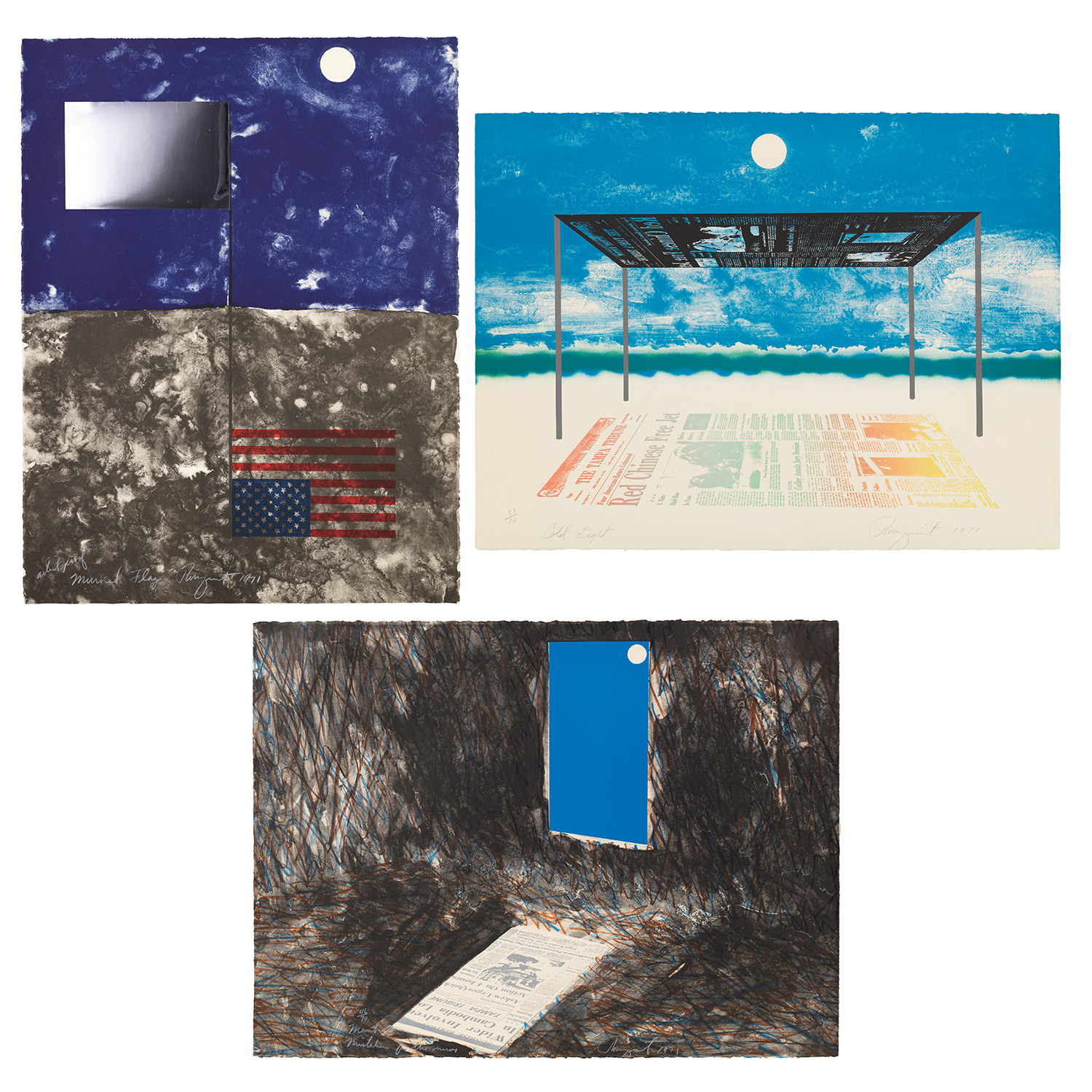 James Rosenquist — Mirrored Flag; Moon Beam Mistaken for the News; and Cold Light, from Cold Light Suite (G. 37-38 & 40)