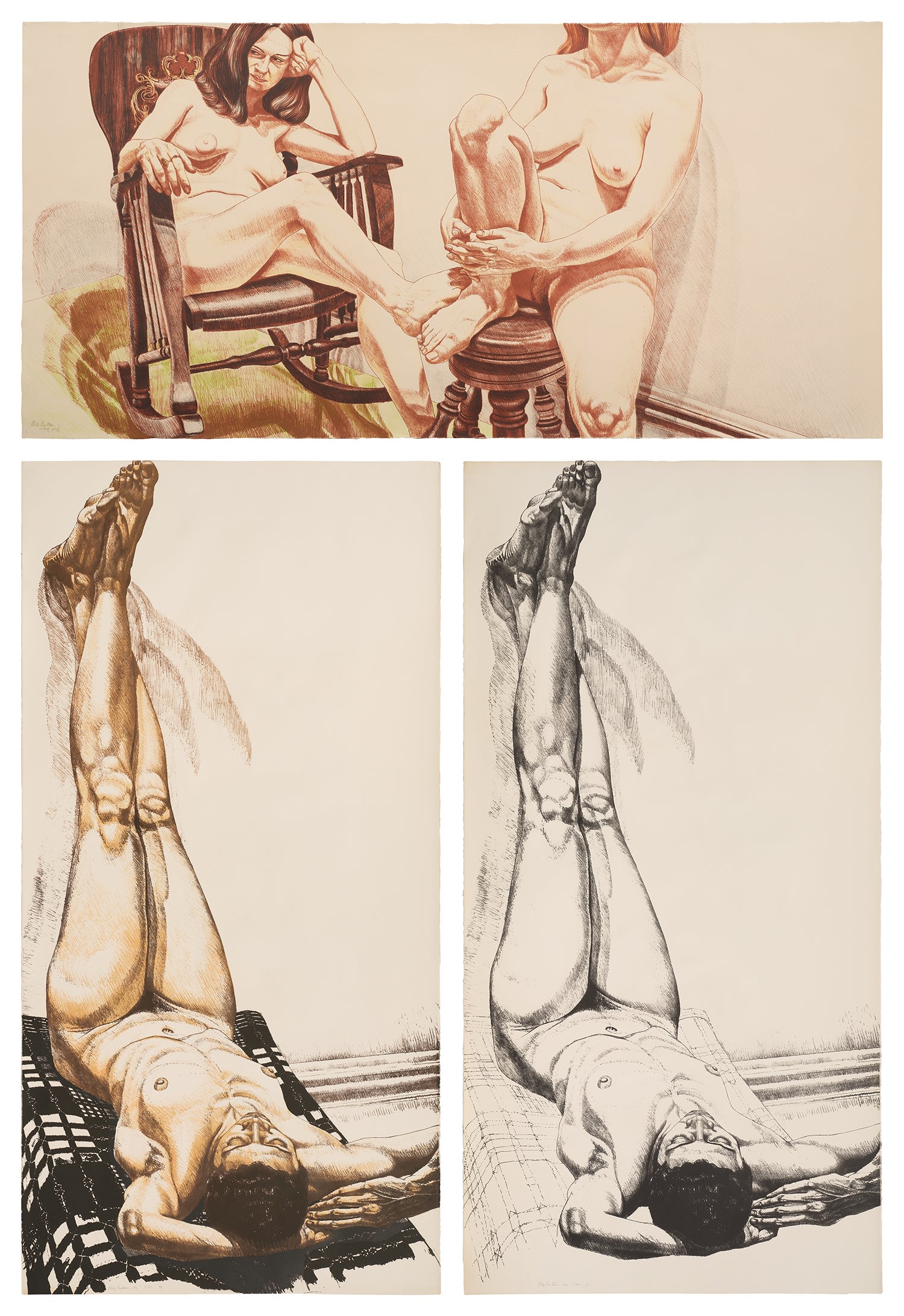 Philip Pearlstein — Two Female Models on Rocker and Stool; Female Nude with Legs Up / Color; and Female Nude with Legs Up / B&W (F. 37, 39 & 40)