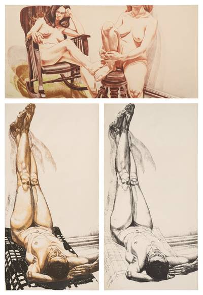 Two Female Models on Rocker and Stool; Female Nude with Legs Up / Color; and Female Nude with Legs Up / B&W (F. 37, 39 & 40)