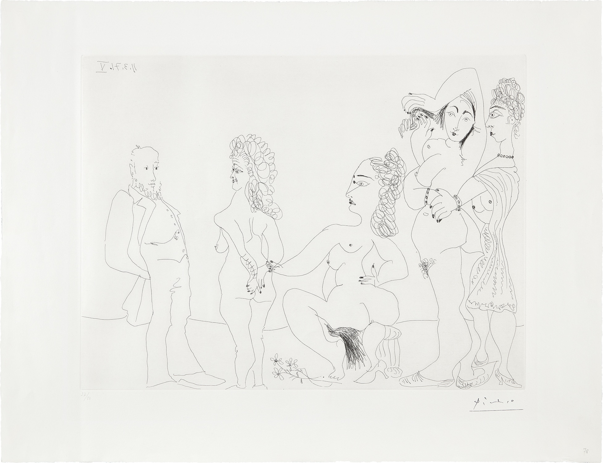 Pablo Picasso — Degas chez les filles. Première apparition de Degas (Degas Among the Girls. First Appearance of Degas), plate 78 from 156 series (Bl. 1933, Ba. 1942)