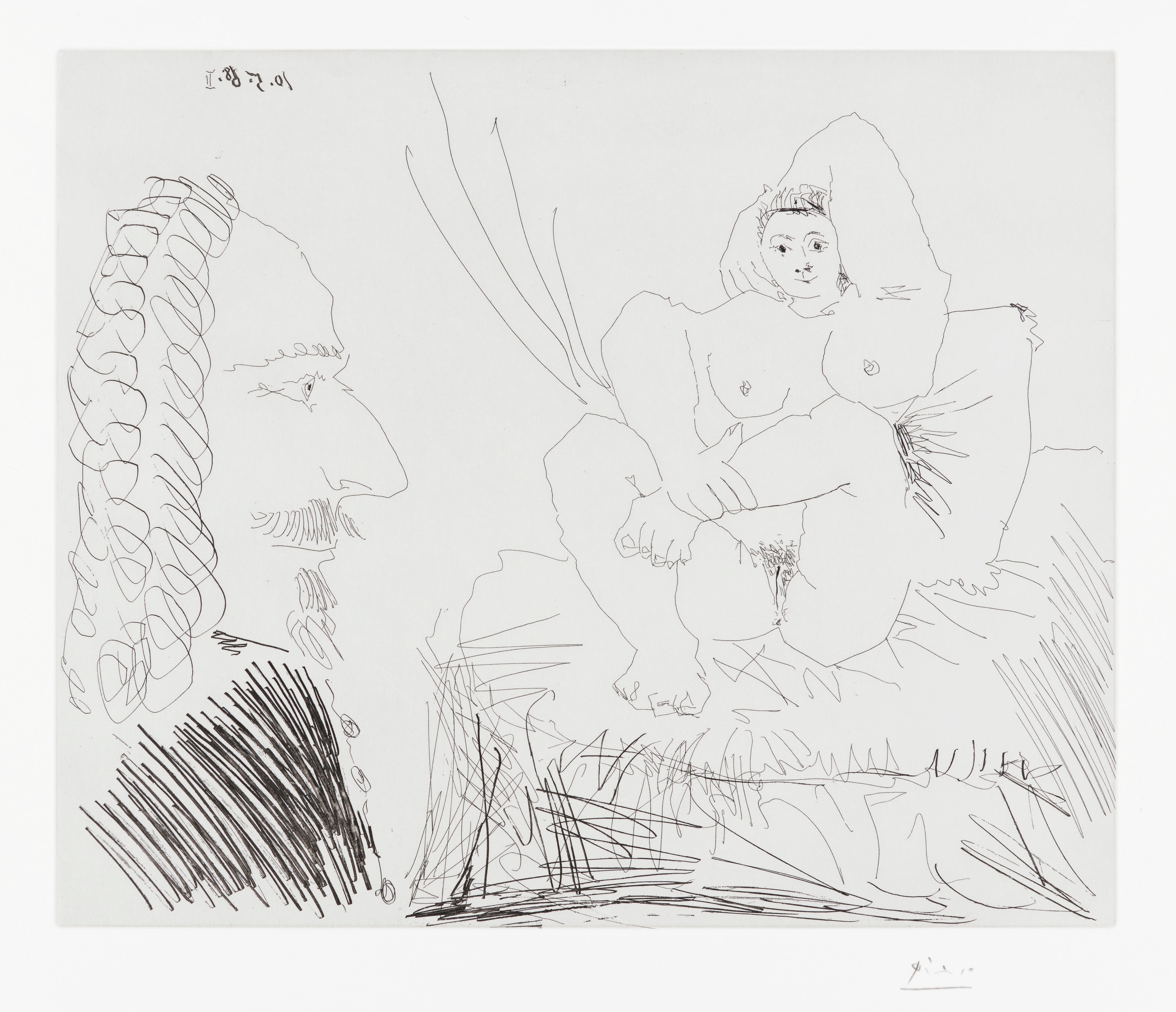Pablo Picasso — Courtisane au lit avec un visiteur (Courtesan in Bed with a Visitor), plate 73 from Série 347 (Bl. 1553, Ba. 1569)