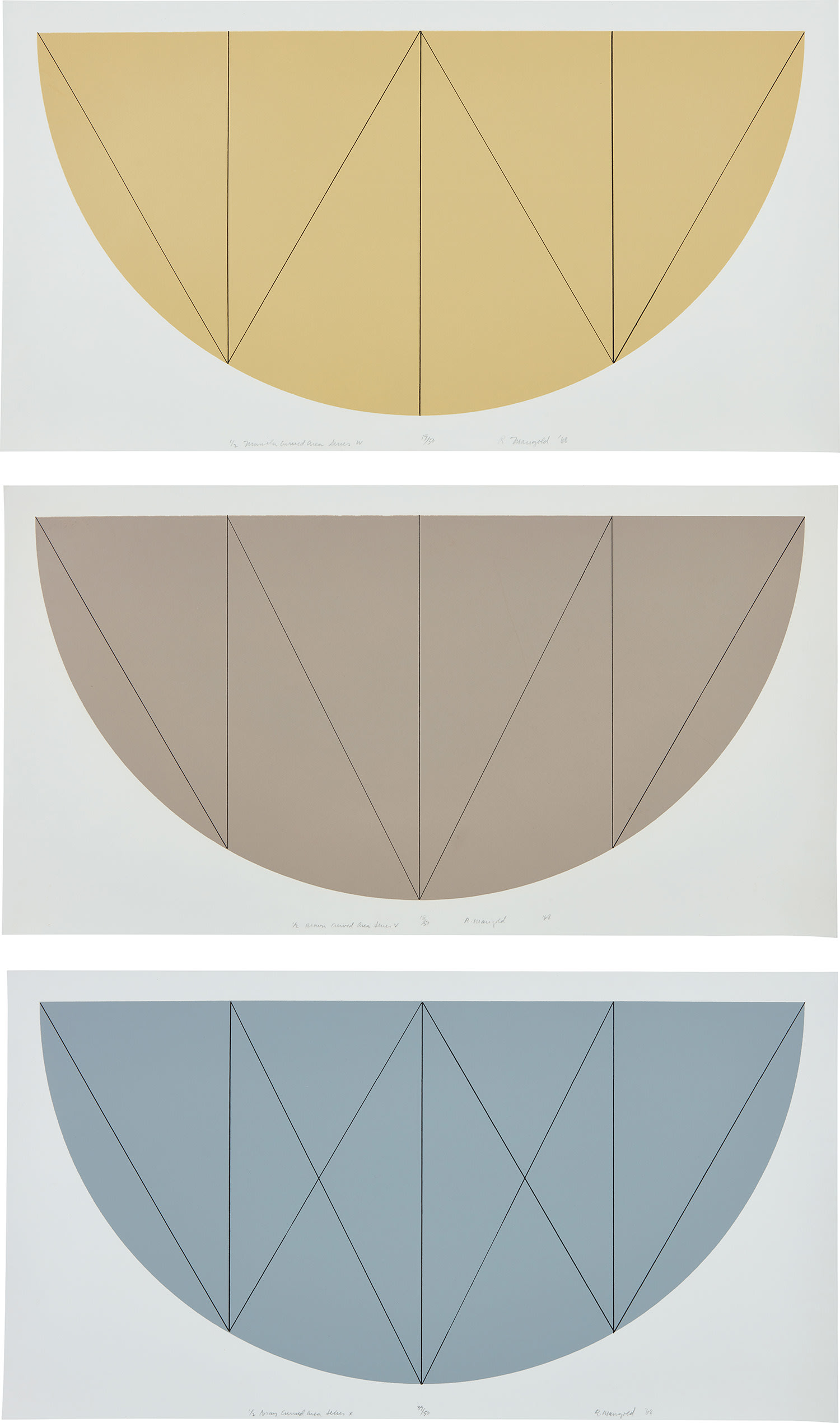 Robert Mangold — 1/2 Manila Curved Area Series W; 1/2 Brown Curved Area Series V; and 1/2 Gray Curved Area Series X (S. & S. 1968.01-1968.03, S. 1-3)